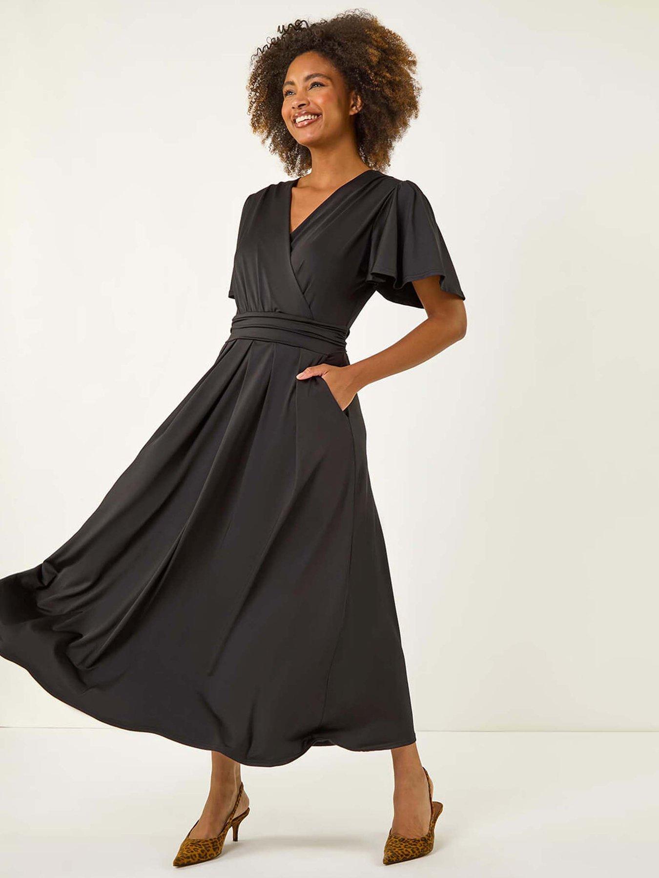 Roman Tie Back V-neck Stretch Midi Dress - Black | Very