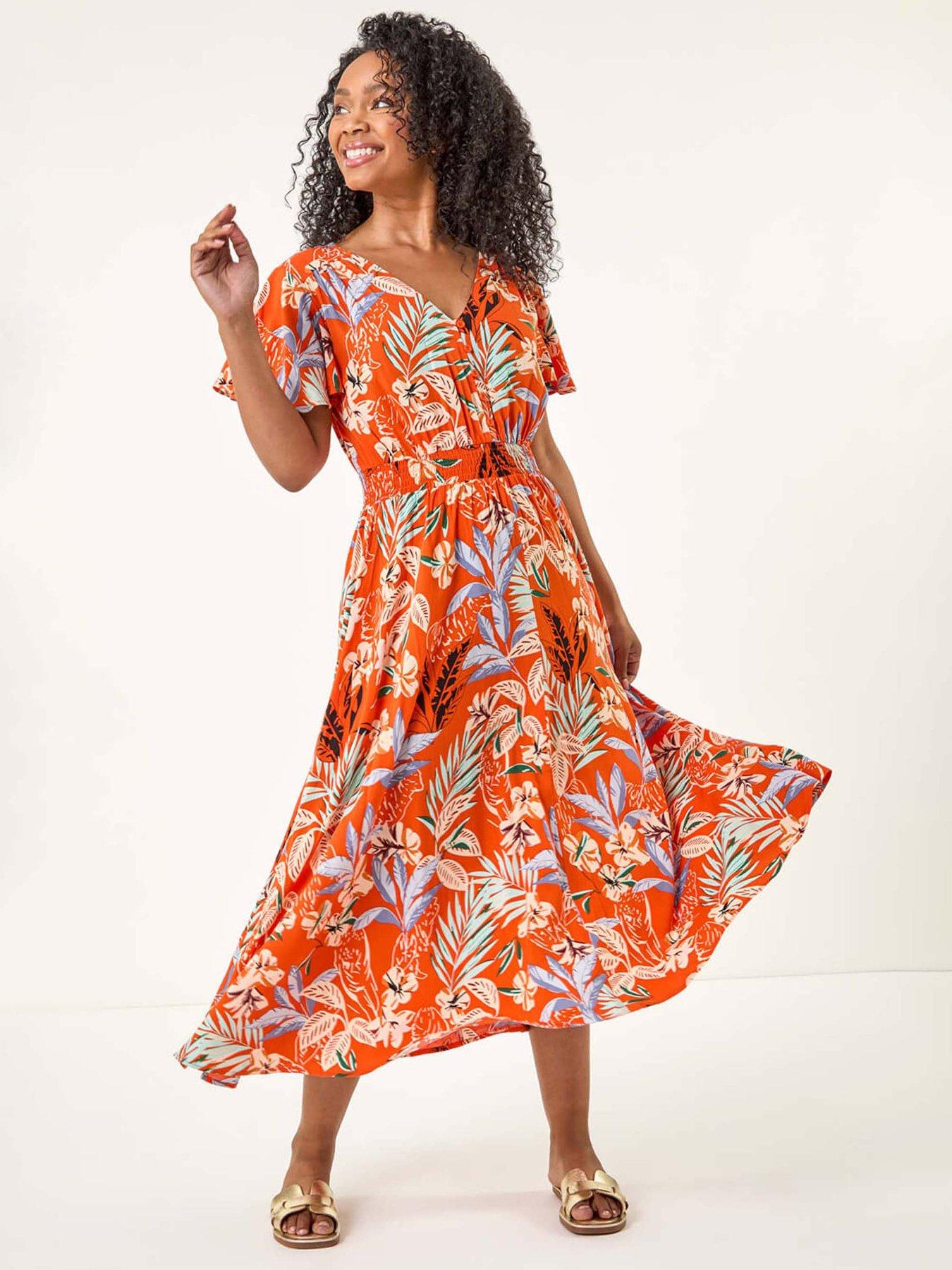 undefined Petite Leaf Print Shirred Midi Dress - Orange