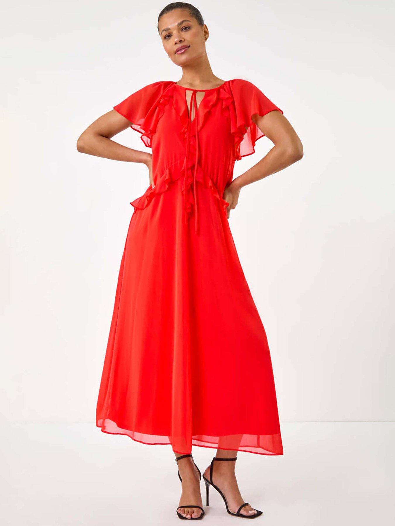 undefined Frill Tie Neck Maxi Dress - Red
