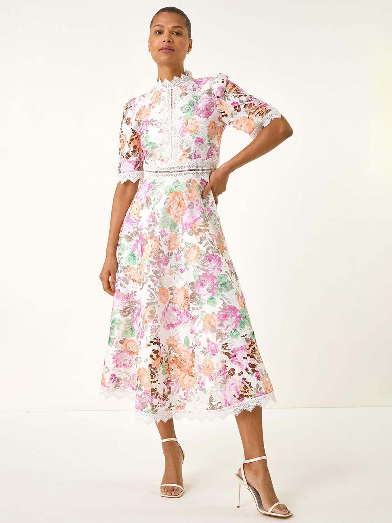 undefined Floral Lace Midi Dress - White