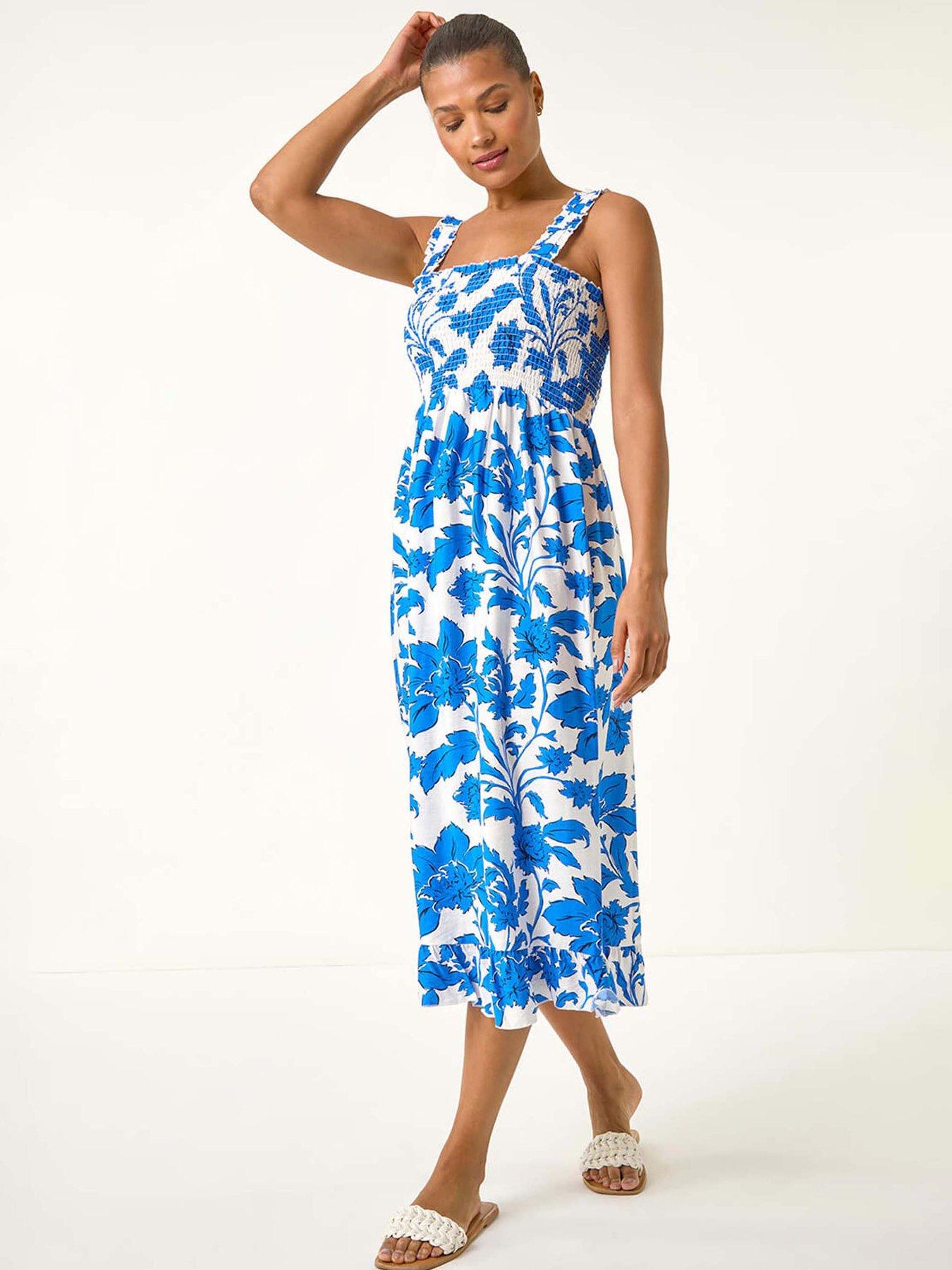 undefined Floral Shirred Midi Dress - Blue