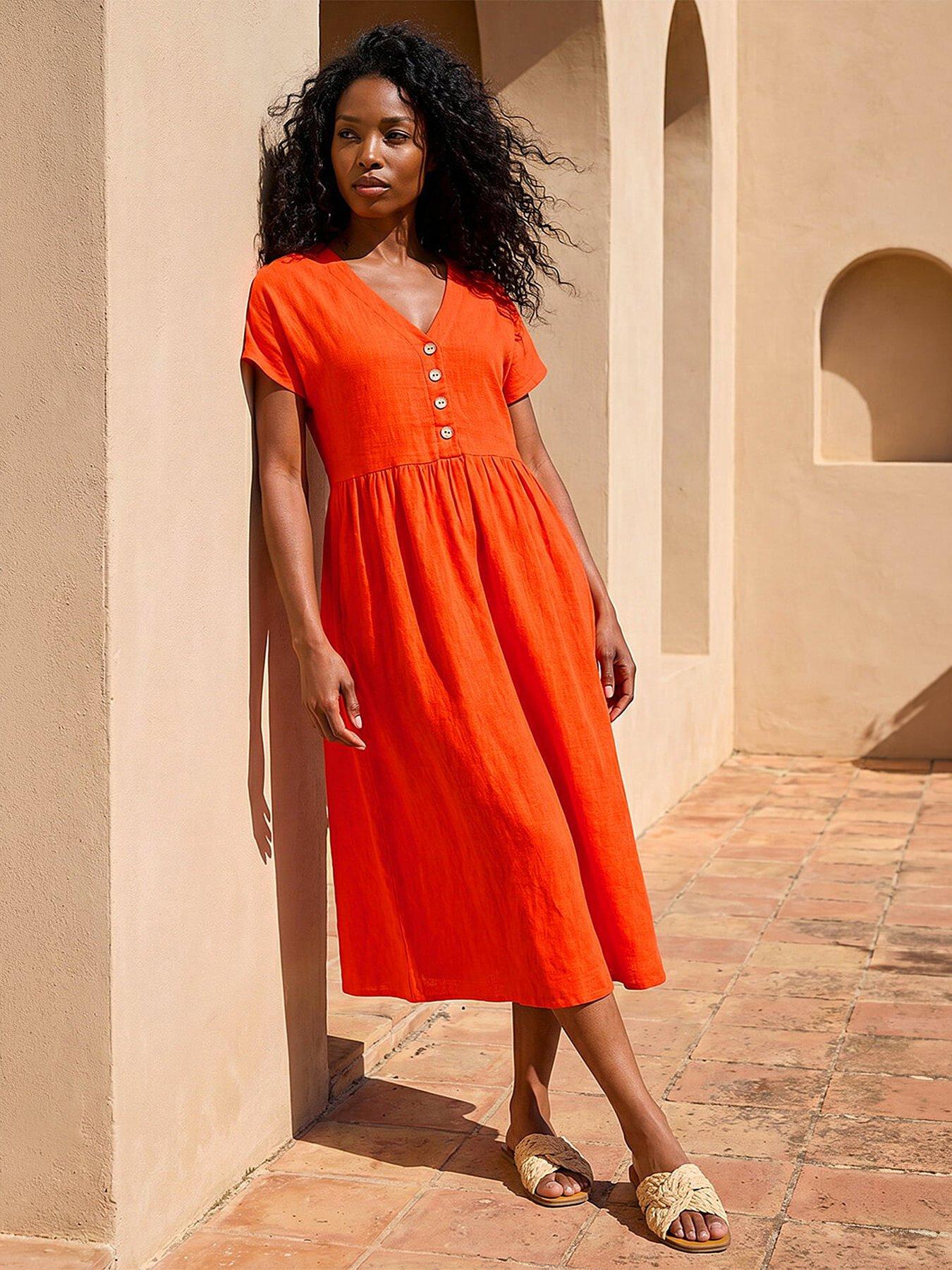 Roman Women's Orange Linen Look Button Midi Dress In | : Size 14 - Image 2