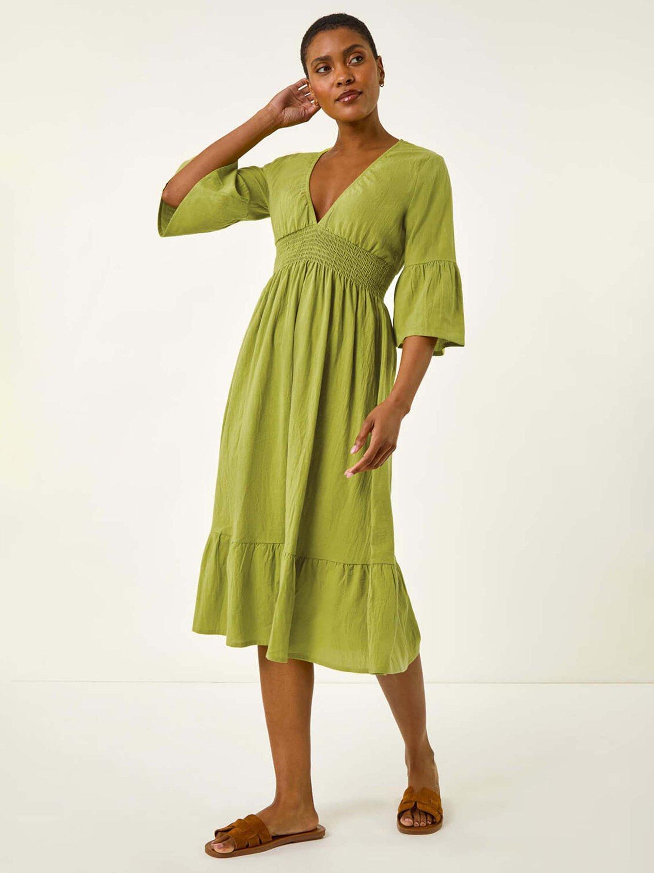 Roman Linen Look Shirred Midi Dress - Green