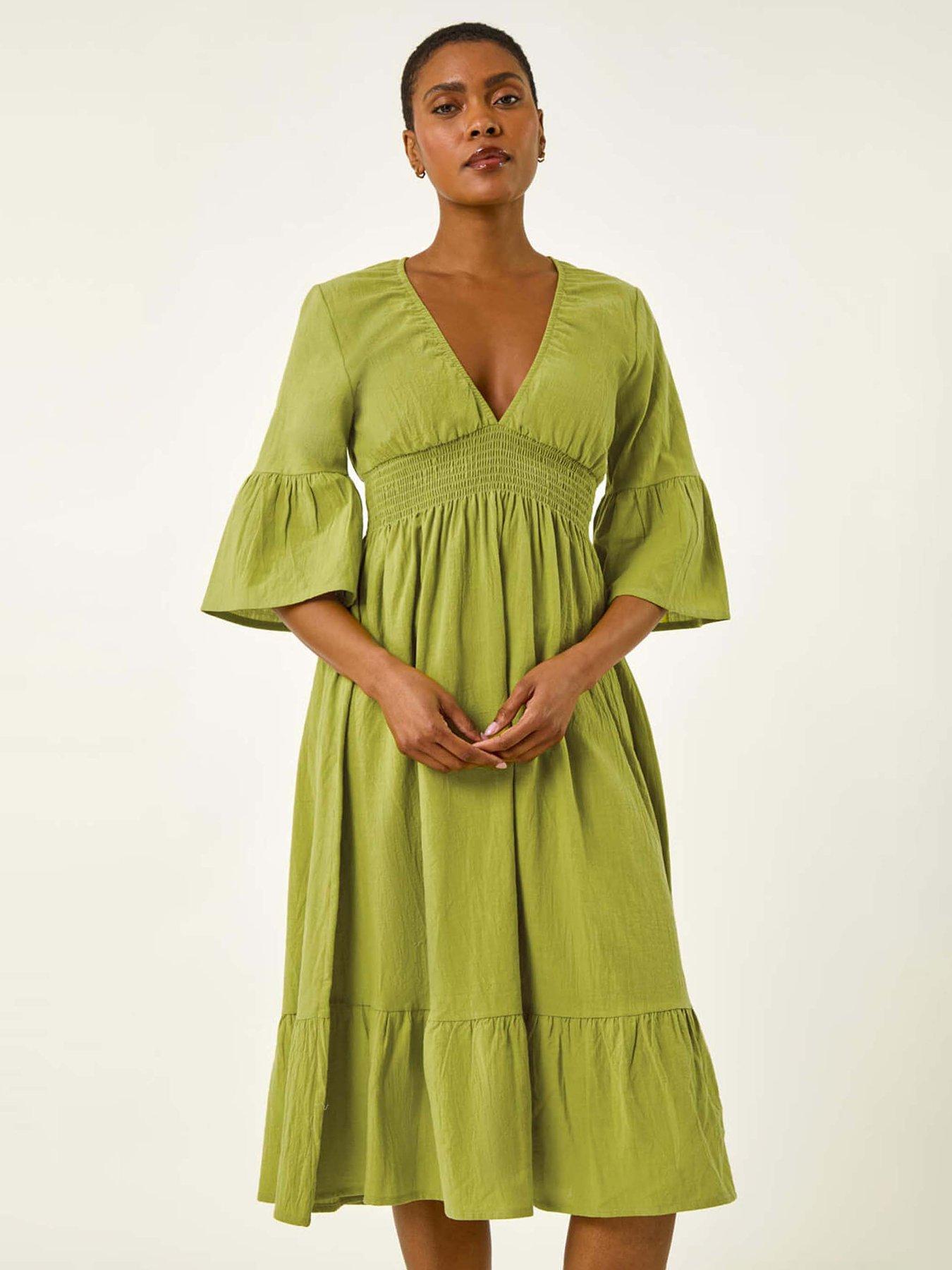 linen shirred midi dress Linen Blend Shirred Handkerchief Hem Midi Dress
