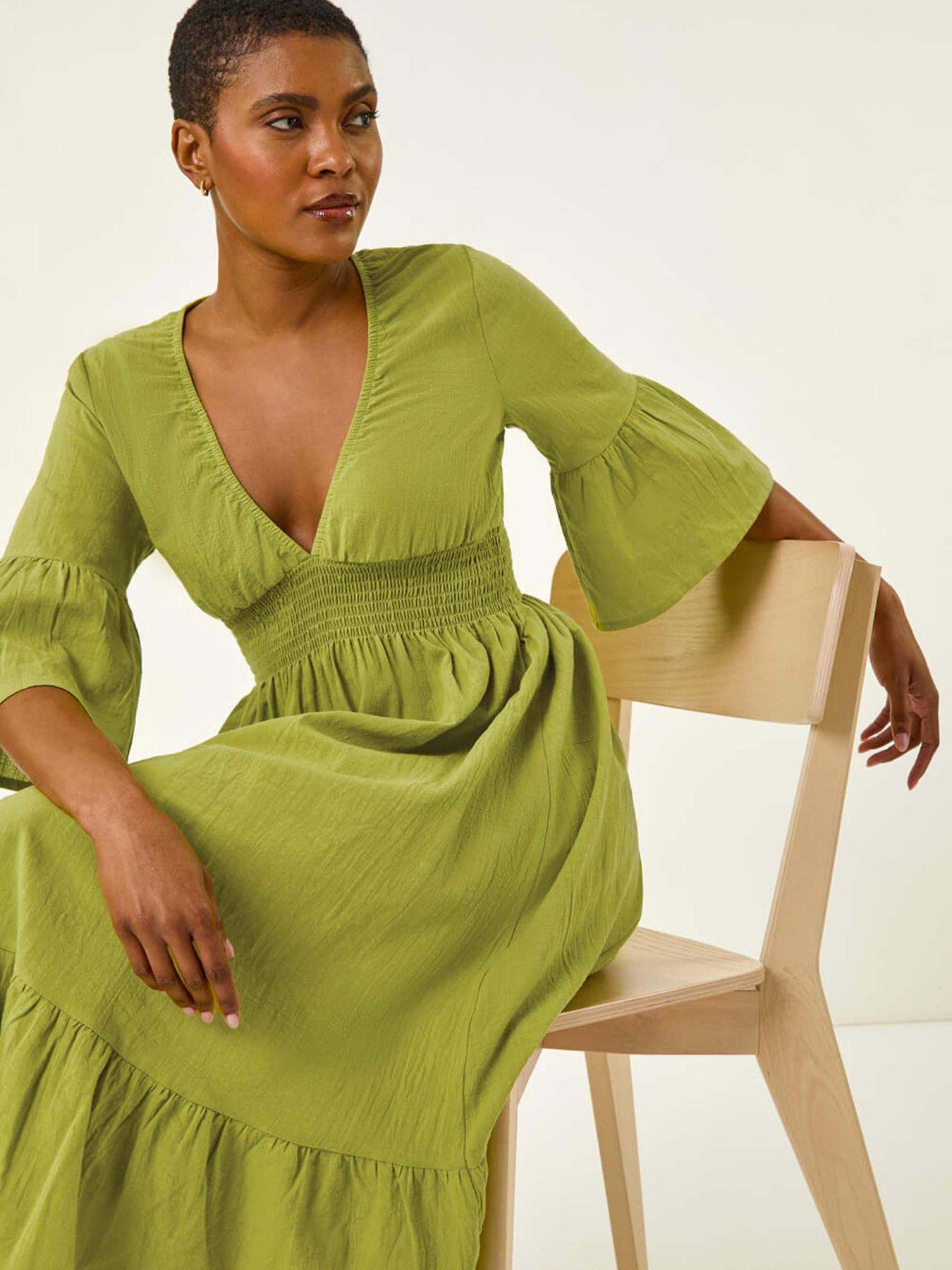 linen shirred midi dress 100% Linen Shirred Waistline Patch Pocket Midi Dress MARCELLA  LINTICO