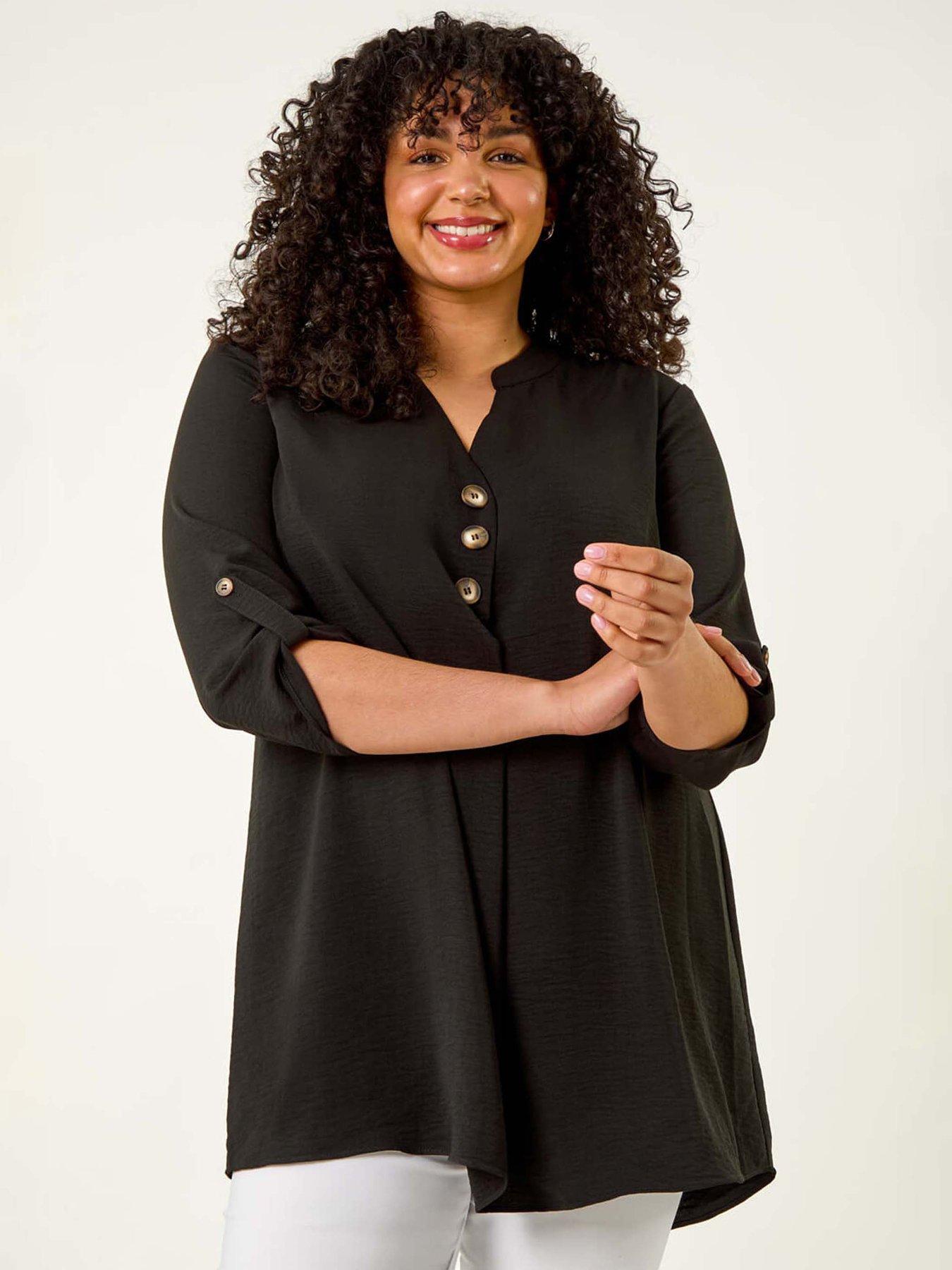 undefined Curve Textured Buttoned Tunic Top - Black