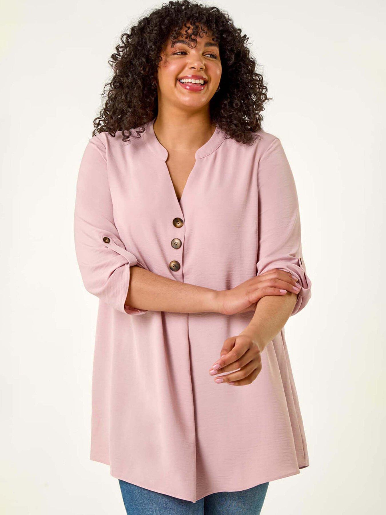 Roman Curve Textured Buttoned Tunic Top - Rose