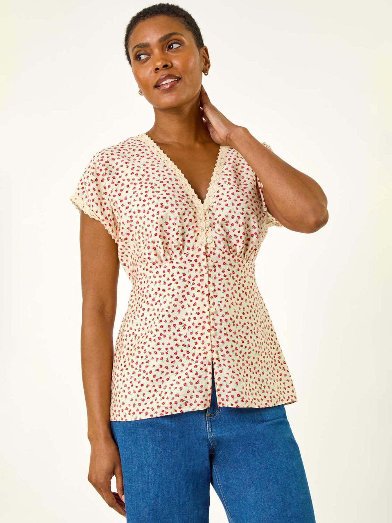Image 1 of 5 of Roman Floral Ditsy Print Lace Trim Top - Pink