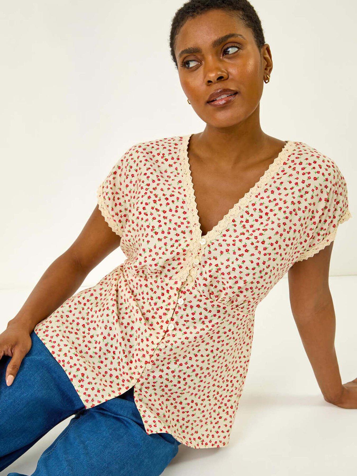 Image 4 of 5 of Roman Floral Ditsy Print Lace Trim Top - Pink
