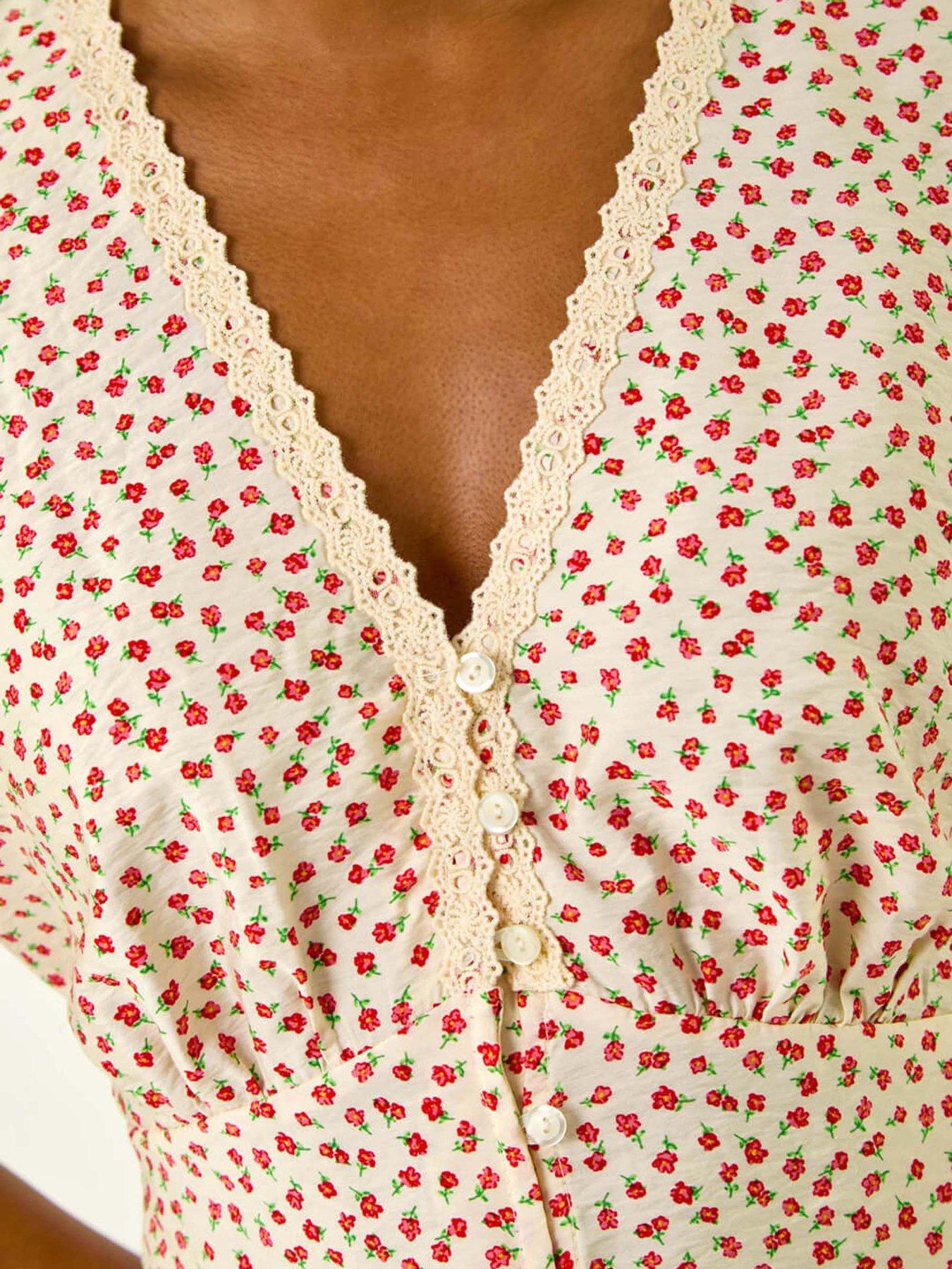 Image 5 of 5 of Roman Floral Ditsy Print Lace Trim Top - Pink