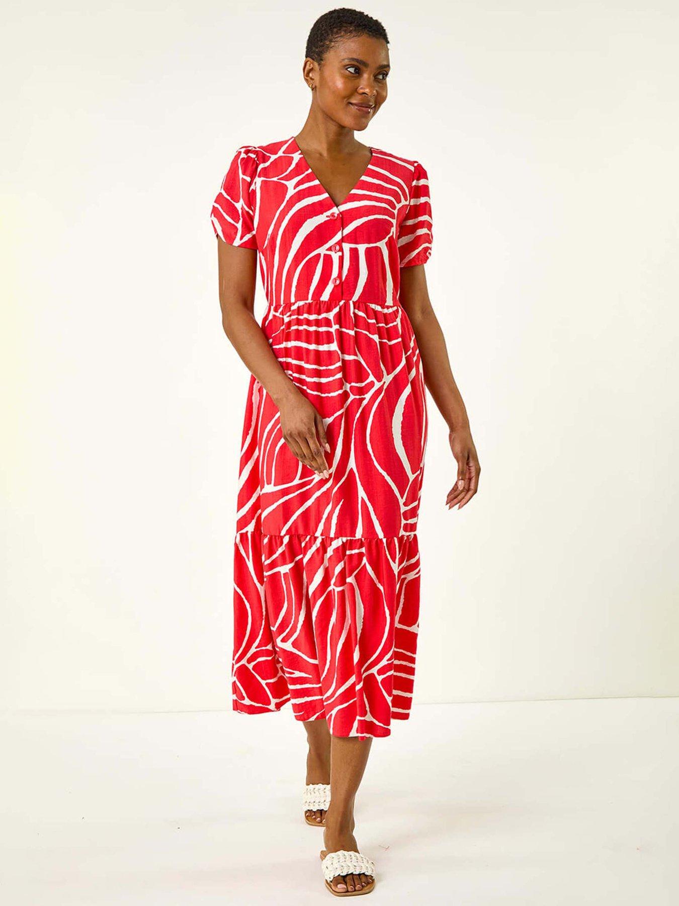undefined Linear Print Midi Shirt Dress - Red