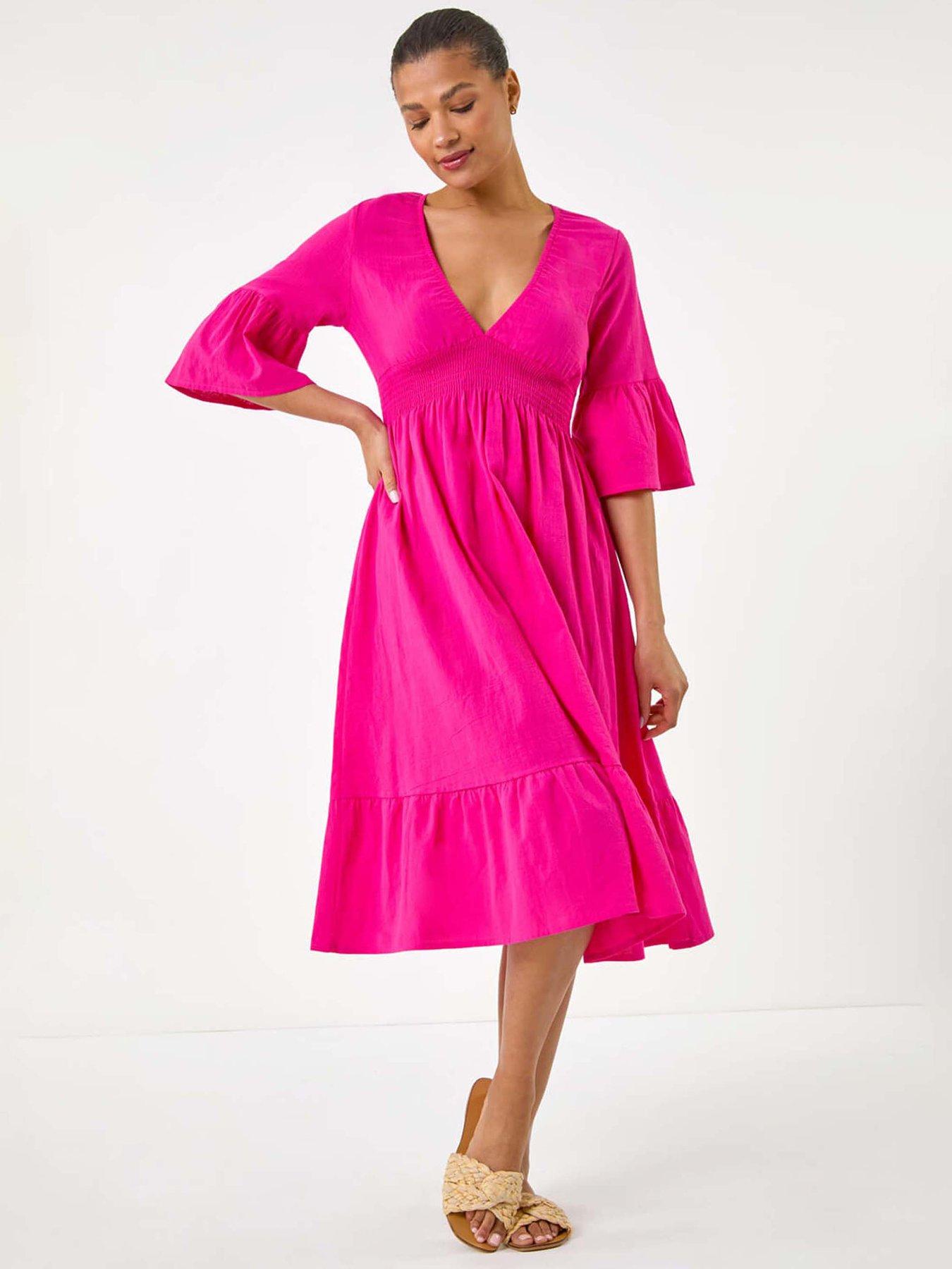 undefined Linen Look Shirred Midi Dress - Fuchsia