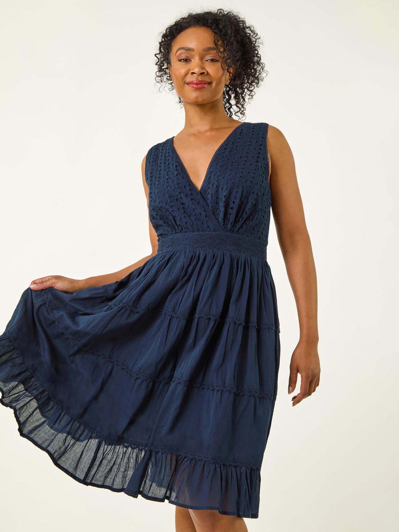 undefined Petite Embroidered Lace Trim Dress - Navy