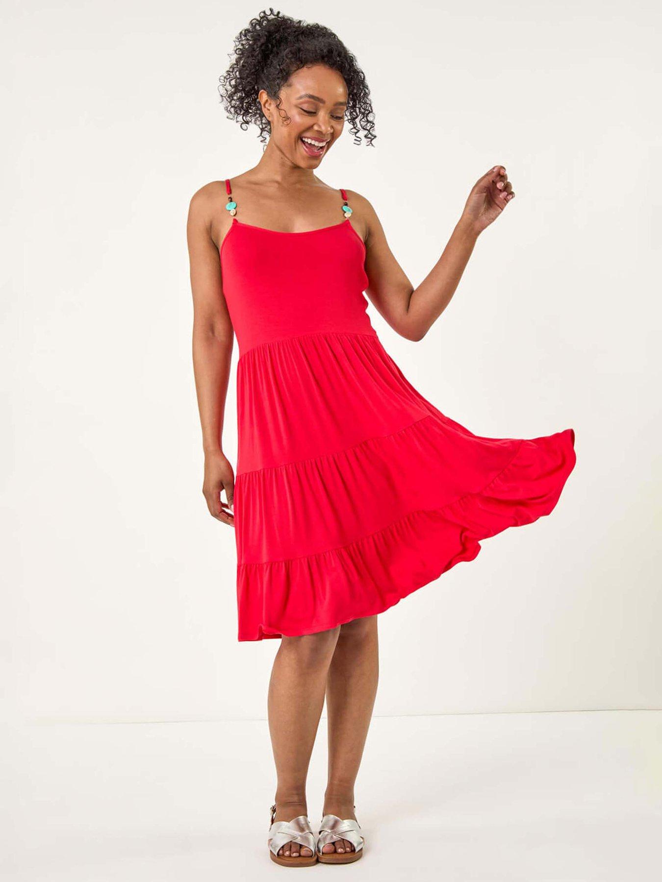undefined Petite Beaded Strappy Tiered Dress - Red