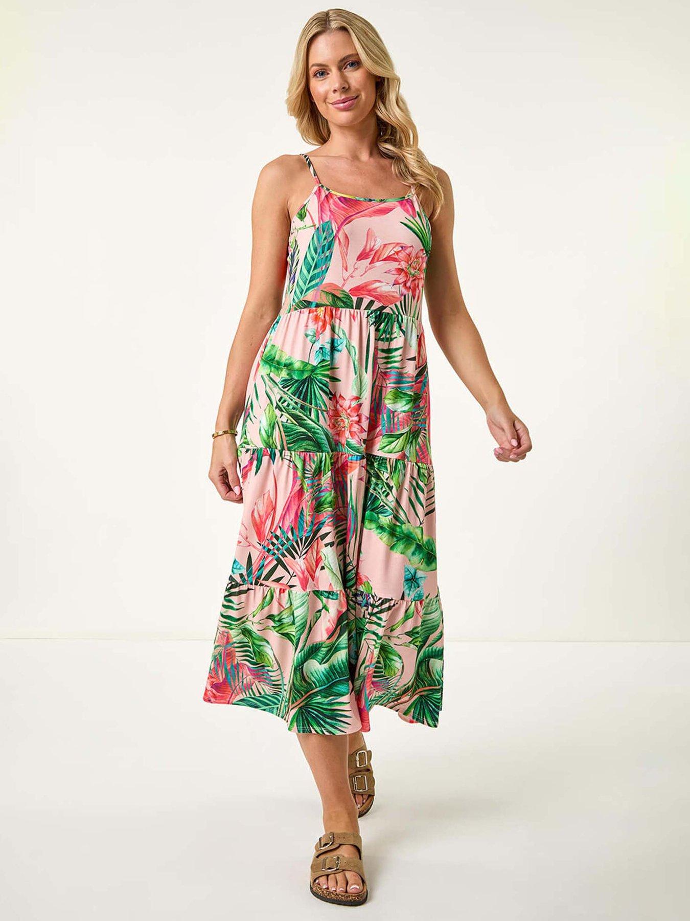 undefined Petite Tropical Strappy Tiered Dress - Pink