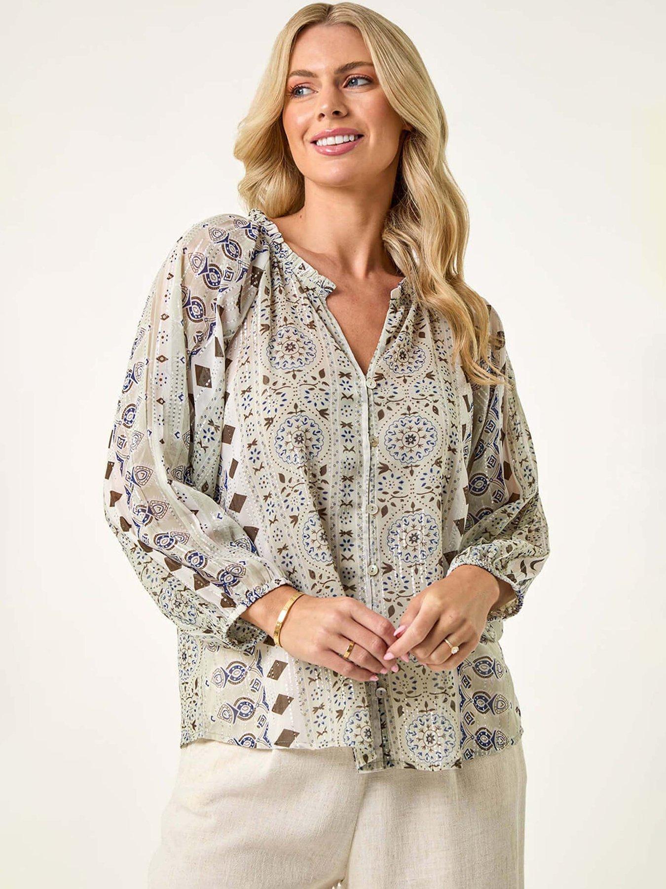 undefined Petite Metallic Aztec Blouse - Khaki