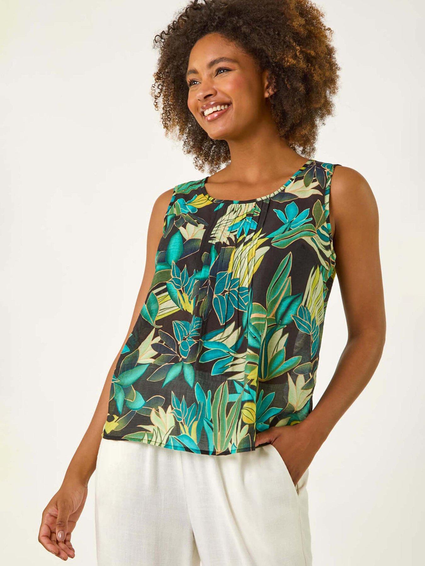 undefined Leaf Print Pleat Front Vest Top - Green