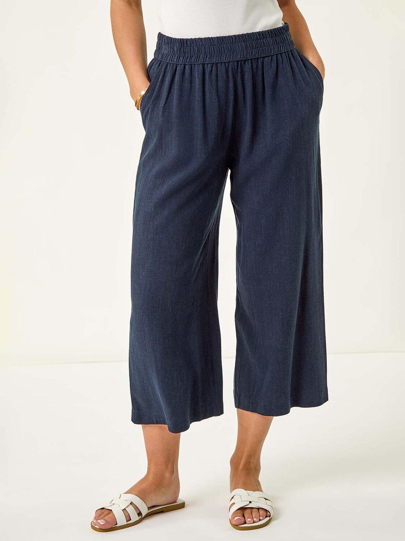 Roman Petite Linen Mix Cropped Trouser - Navy