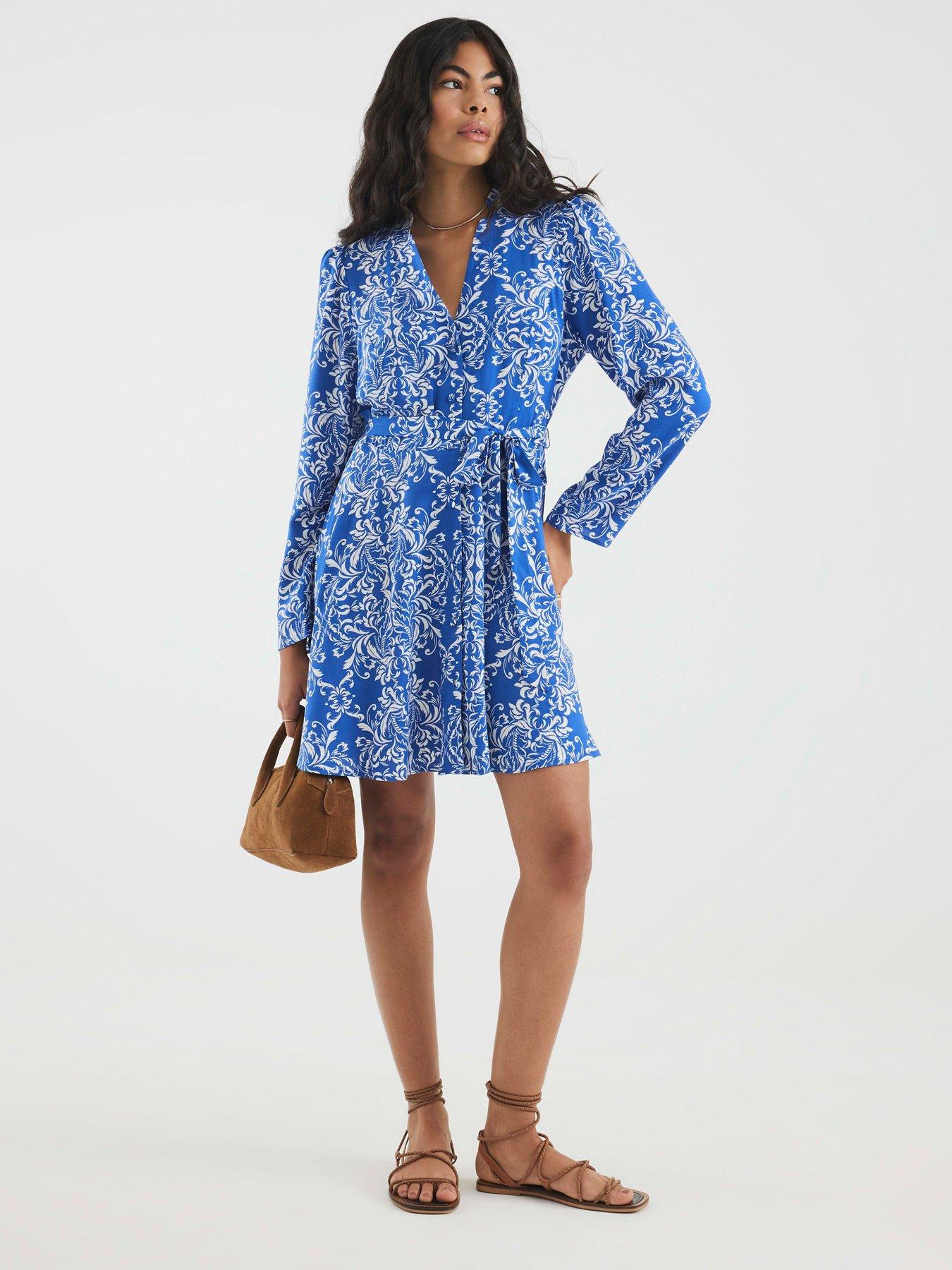 undefined Tie Front Mini Shirt Dress - Blue