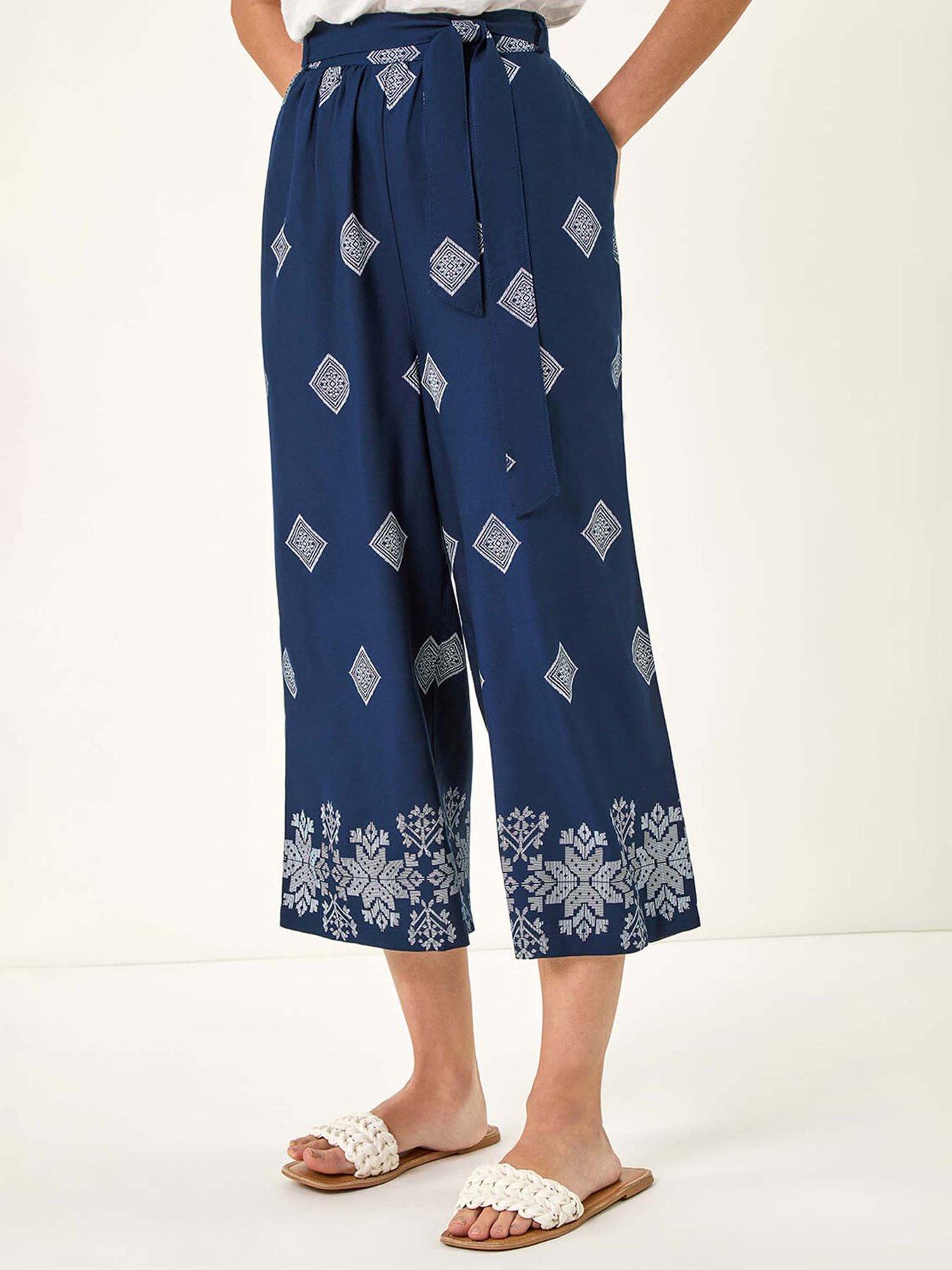 undefined Border Print Belted Trouser - Navy