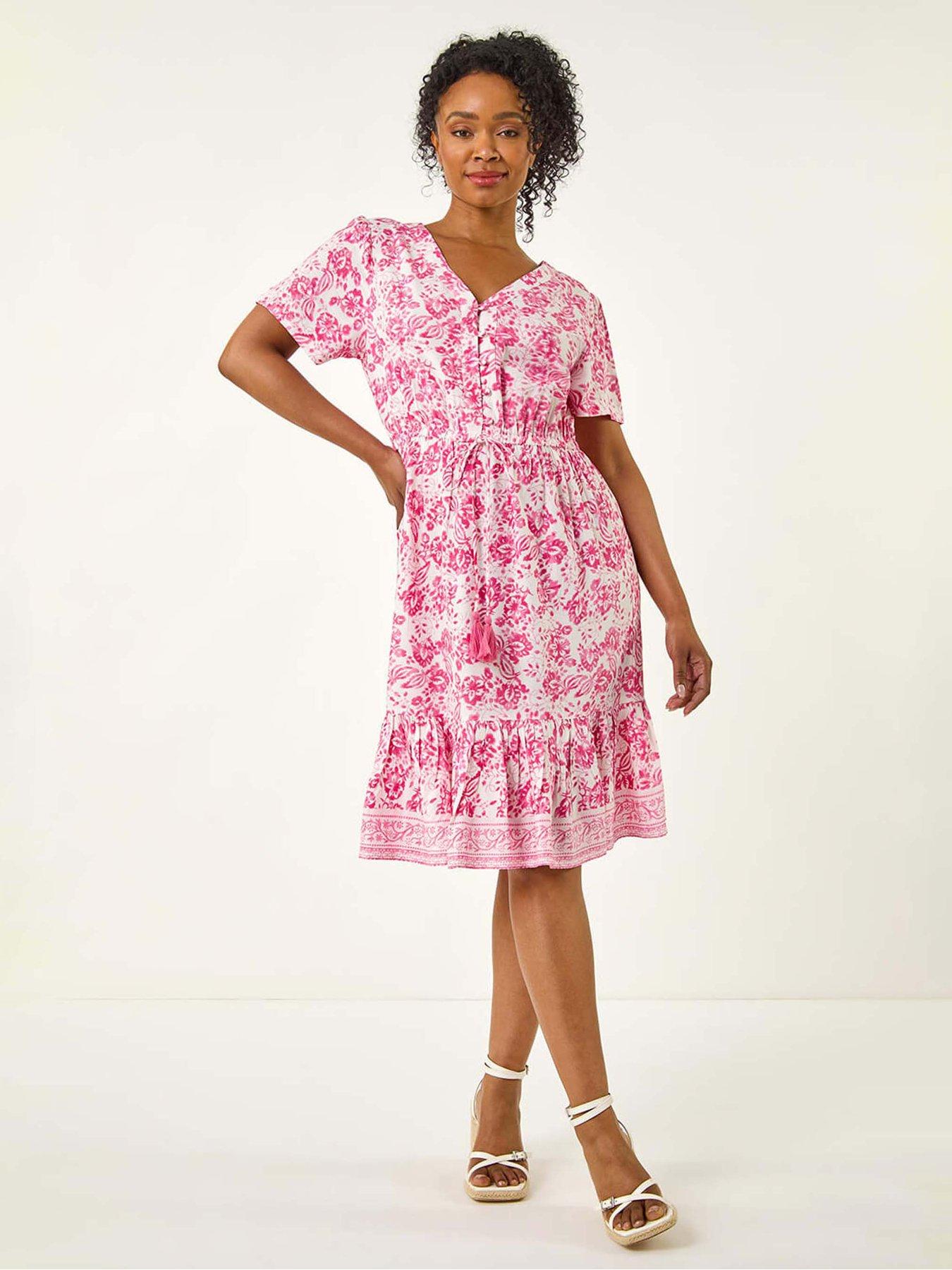 Roman Petite Floral Print Tiered Dress - Pink | Very
