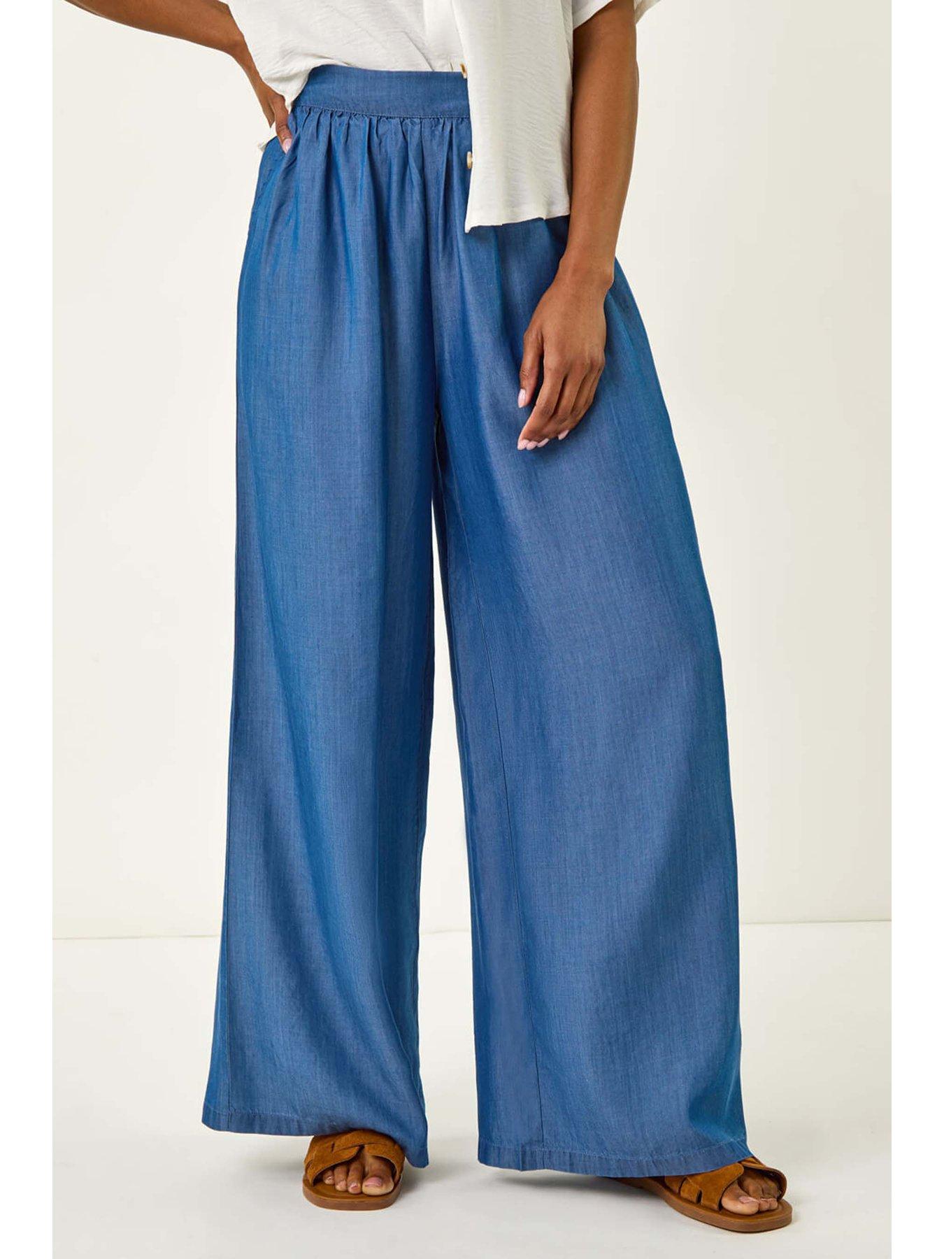 undefined Pleated Full Length Wide Leg Trouser - Blue