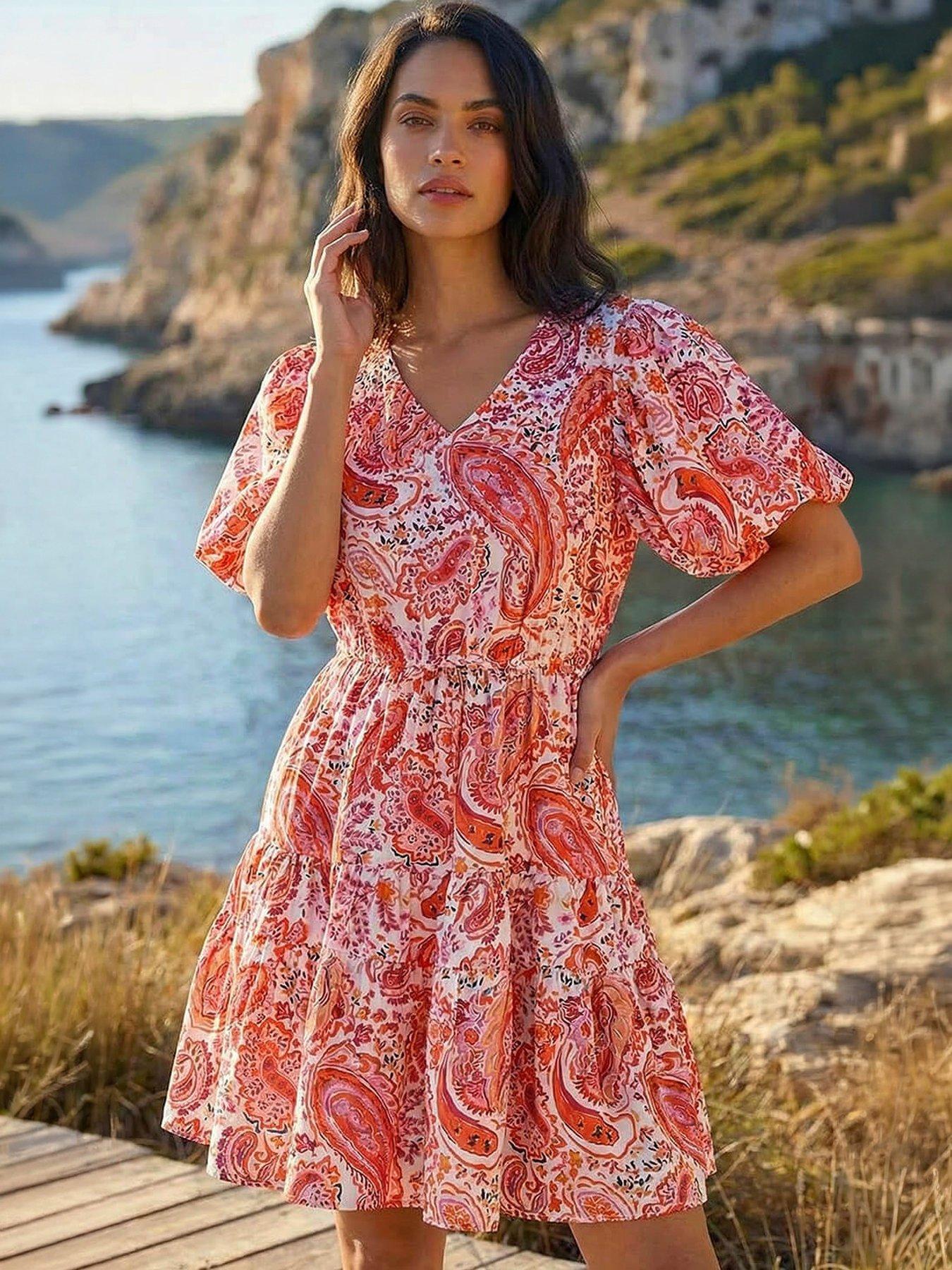 Roman Dusk Paisley Print V-neck Hotfix Dress, Red, Size 14, Women
