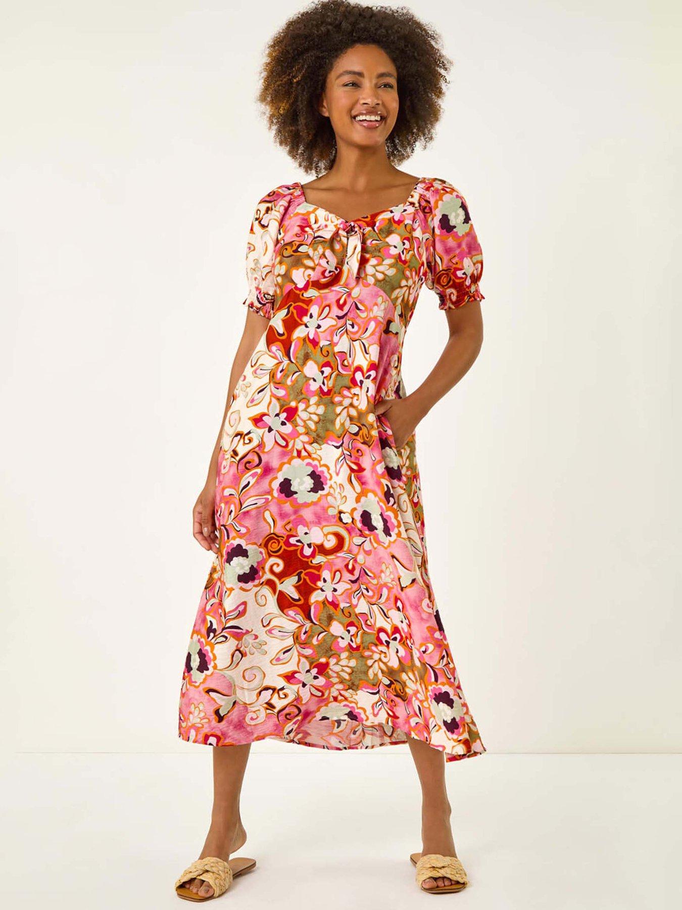 undefined Floral Print Tie Front Midi Dress - Pink
