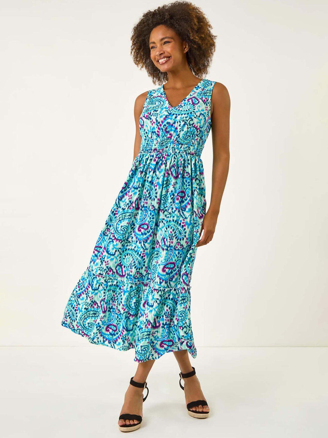 undefined Paisley Print Shirred Maxi Dress - Turquoise