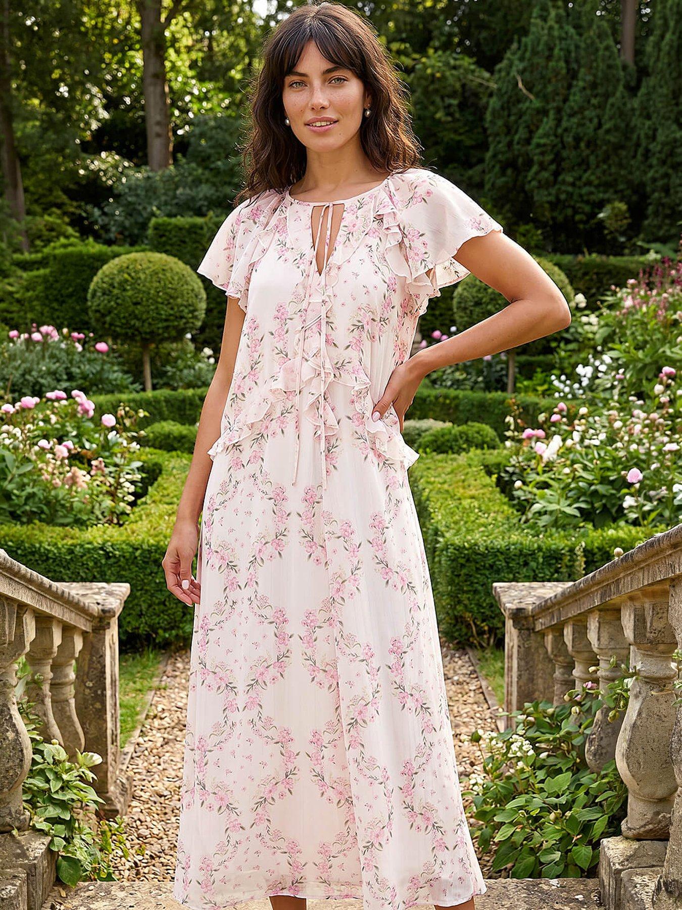 Roman Floral Frill Flutter Sleeve Dress - Light Pink | Very