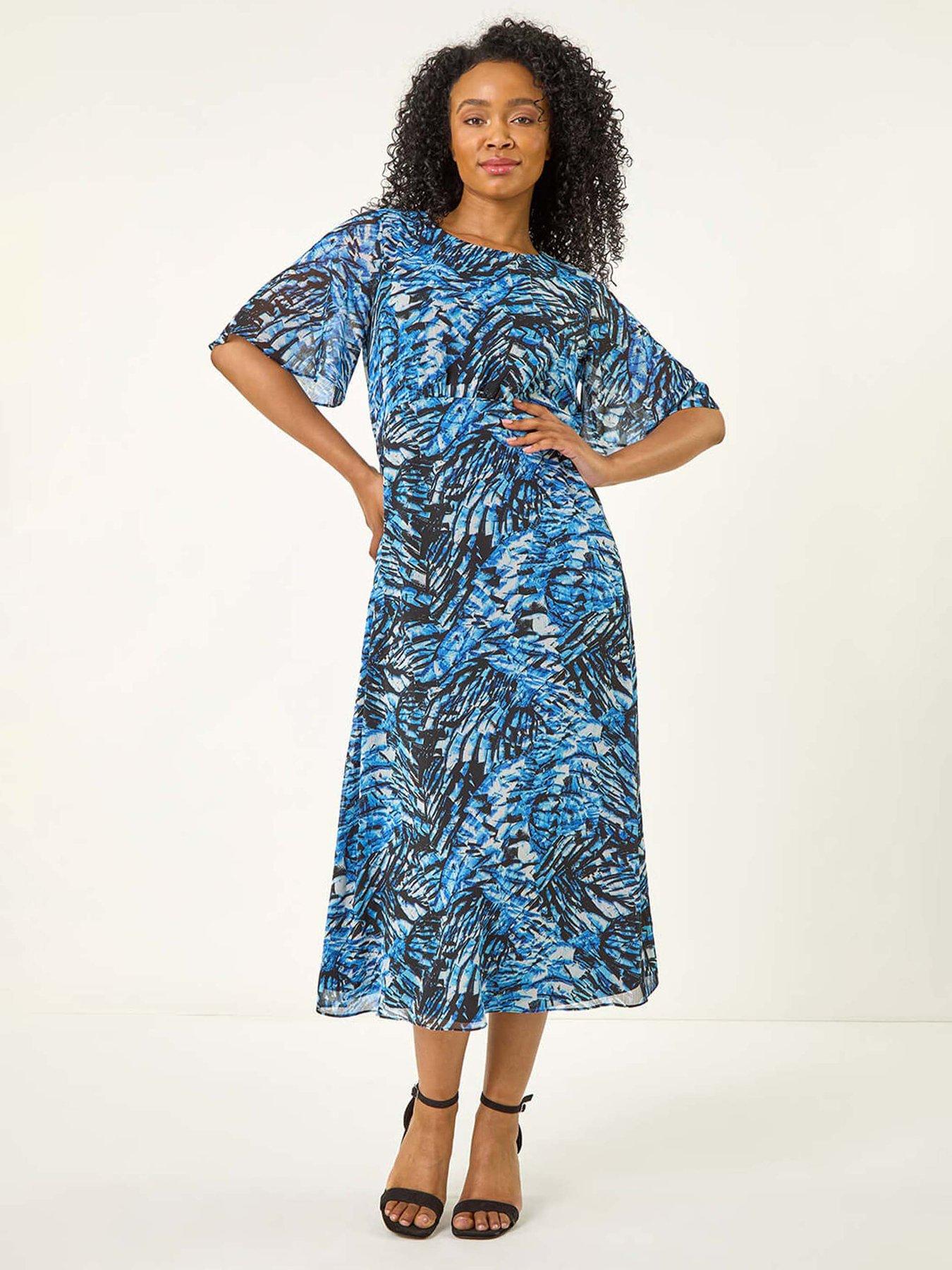 undefined Petite Abstract Print Gathered Midi Dress - Navy