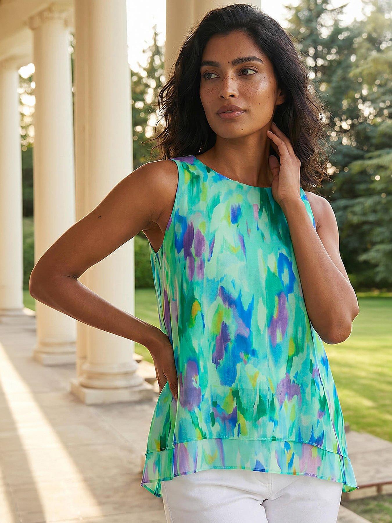 Roman Blurred Double Layered Vest Top, Green, Size 12, Women