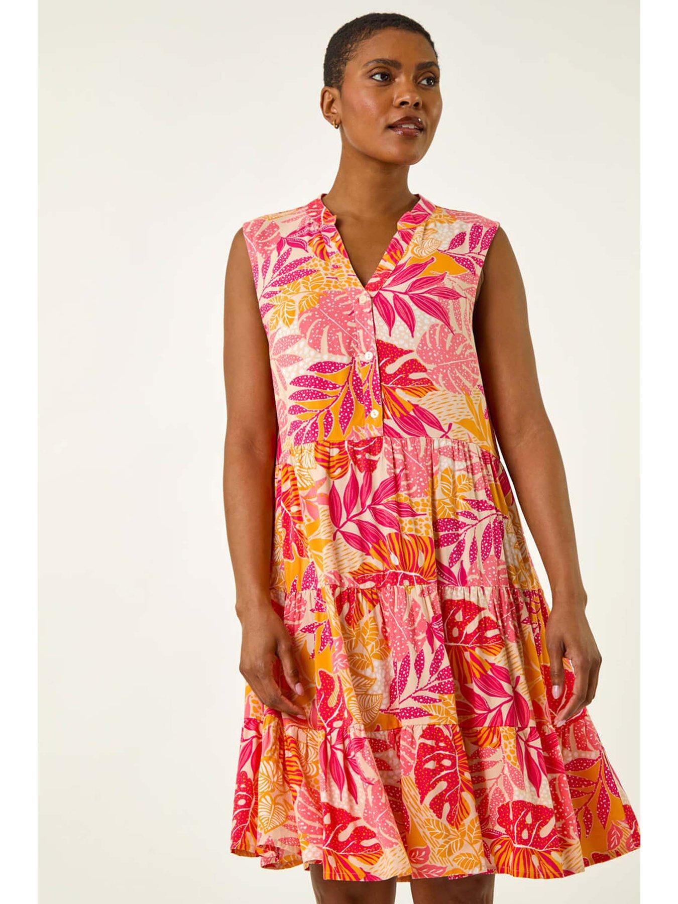 undefined Leaf Print Button Smock Dress - Pink