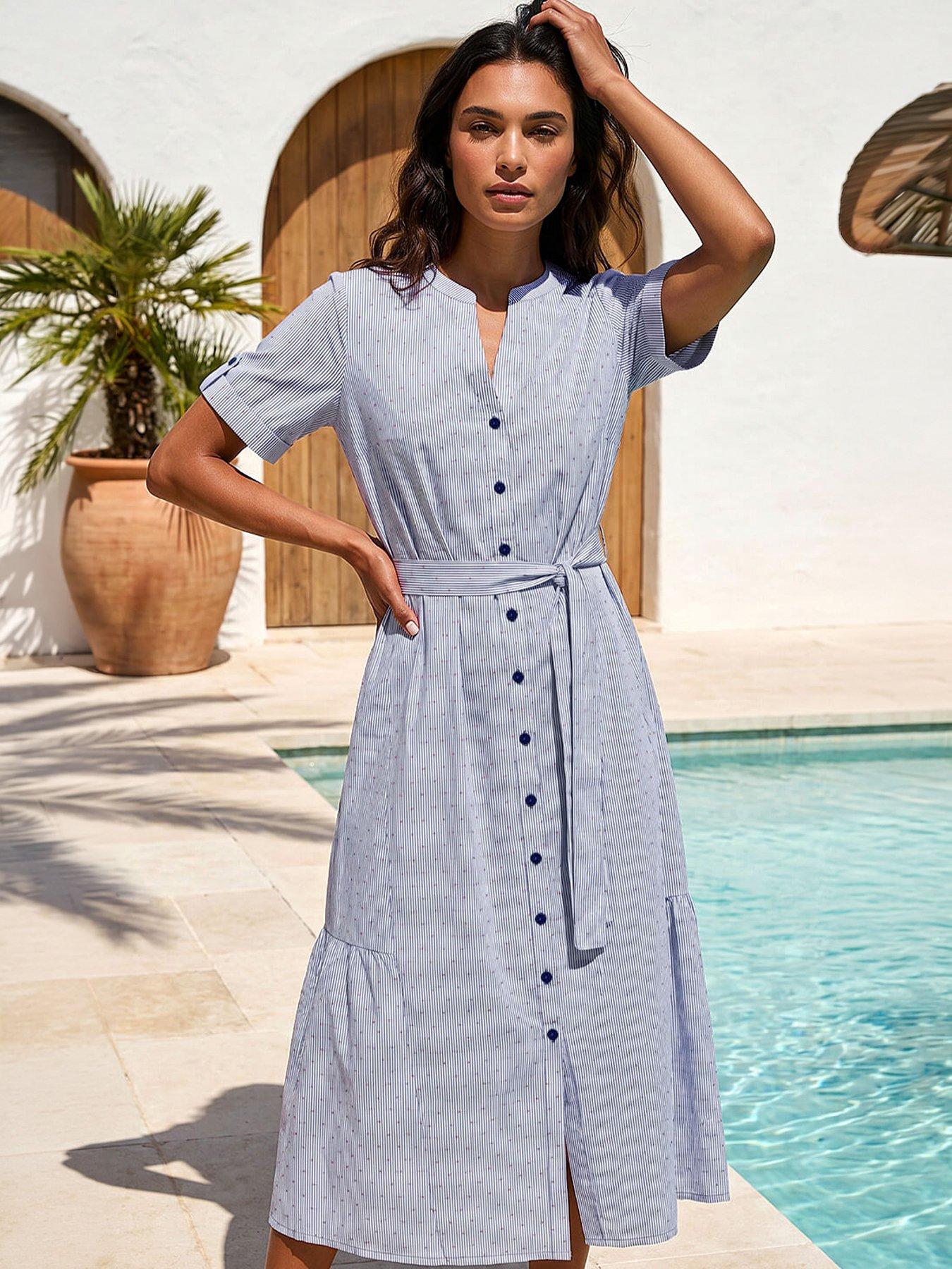 Roman Stripe Tie Waist Midi Dress - Blue