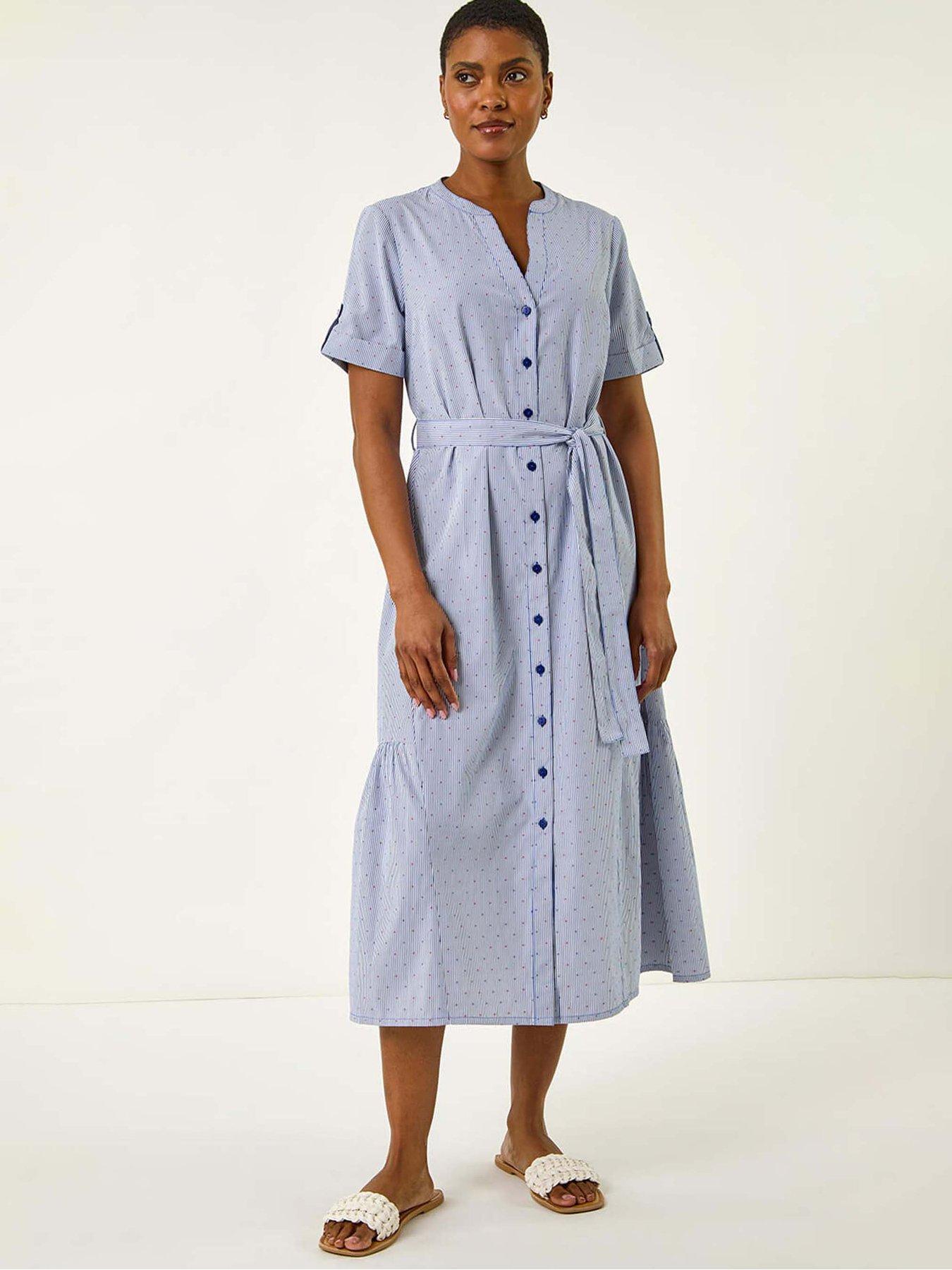 undefined Stripe Tie Waist Midi Dress - Blue
