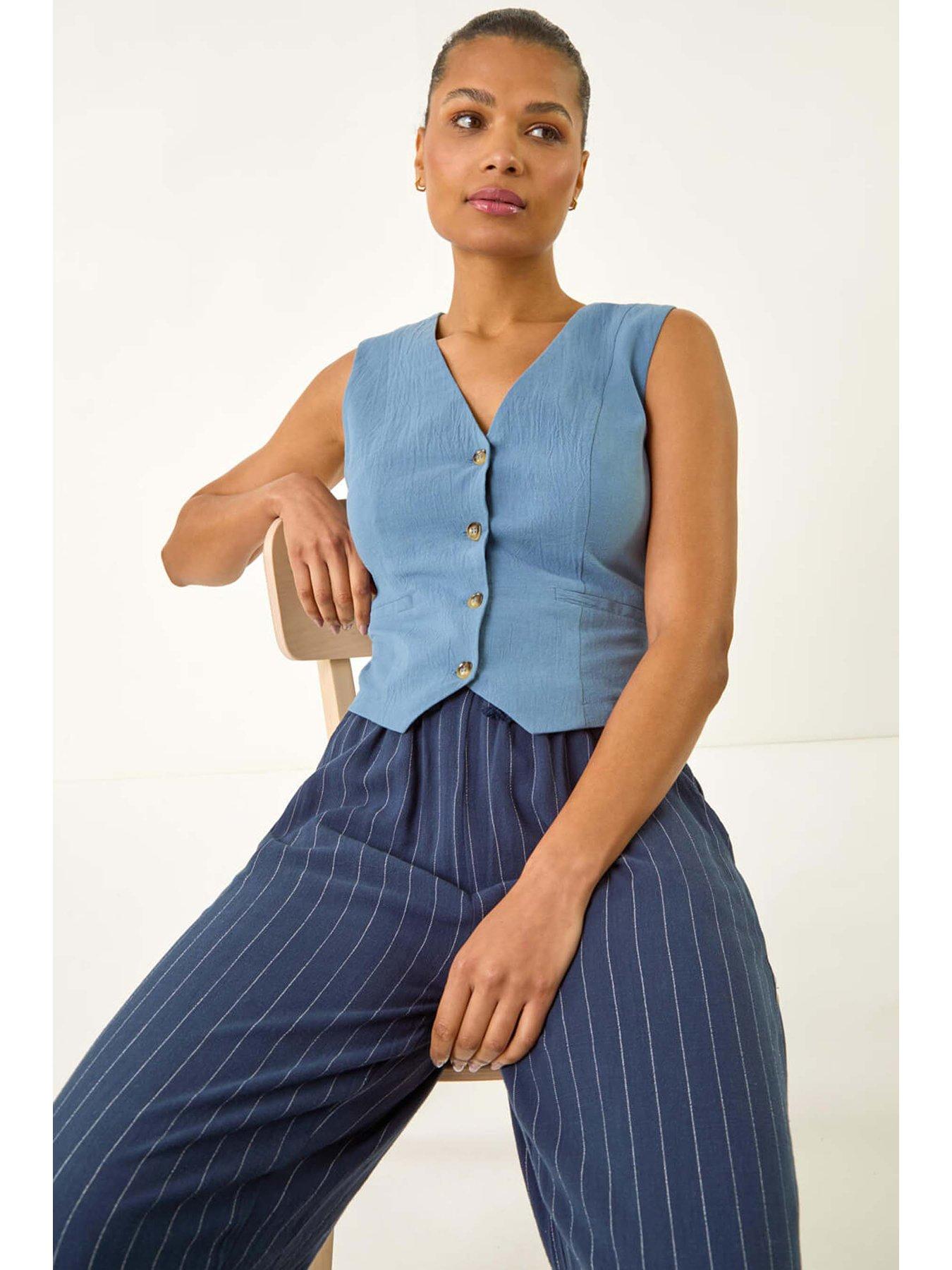 undefined Cotton V-neck Button Through Waistcoat - Blue