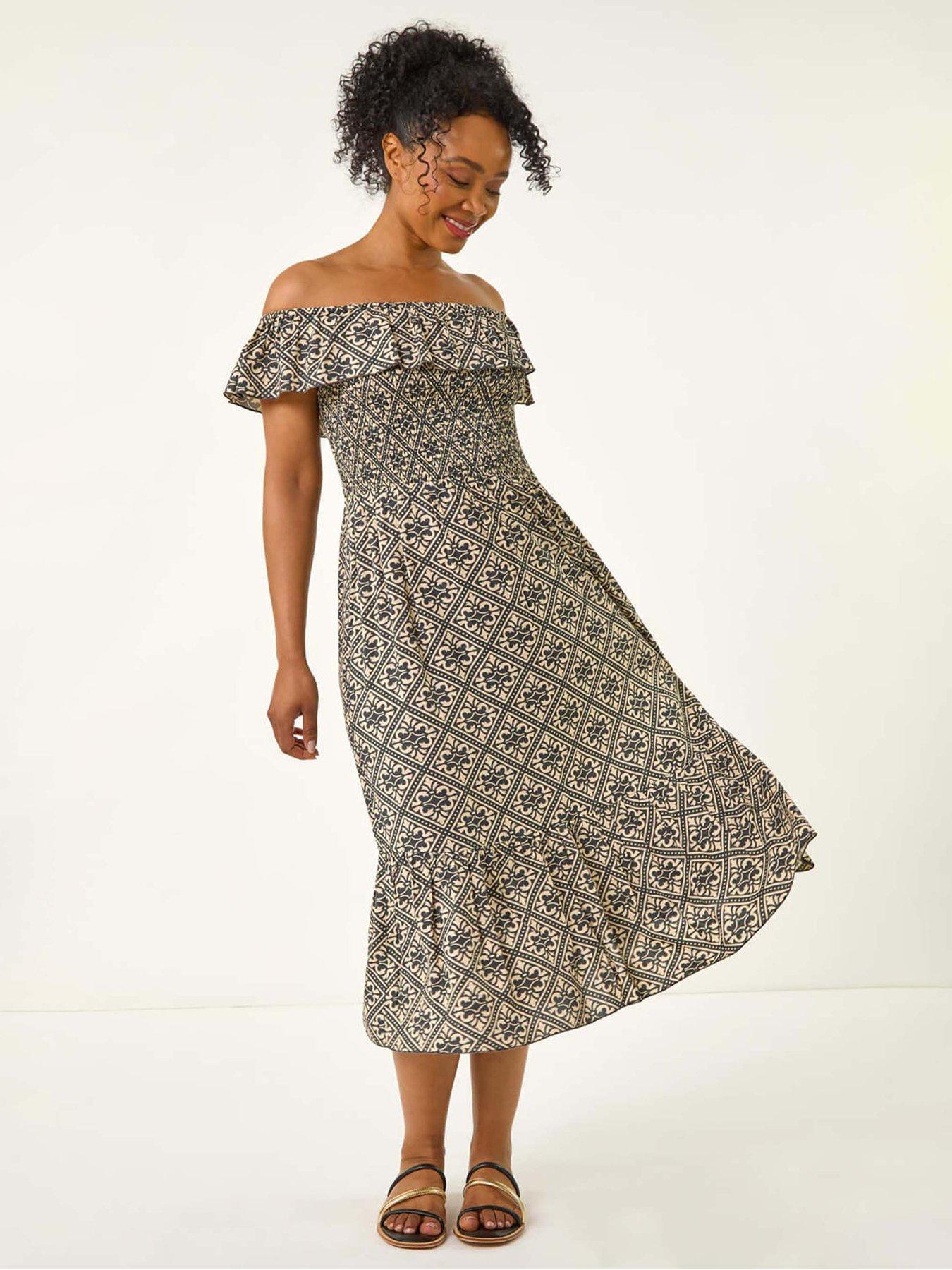undefined Petite Geo Print Bardot Midi Dress - Grey