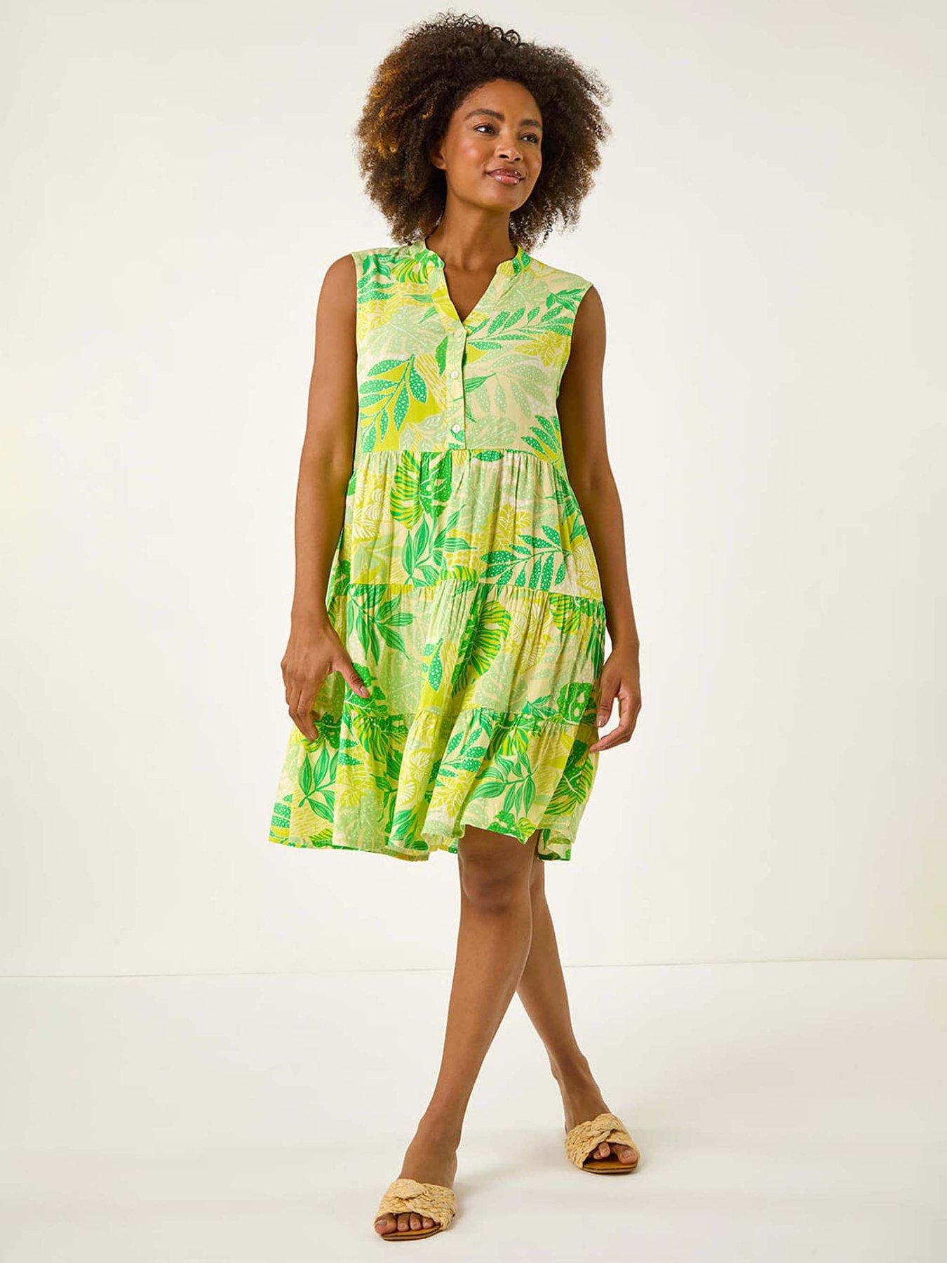 undefined Leaf Print Buttoned Smock Dress - Lime