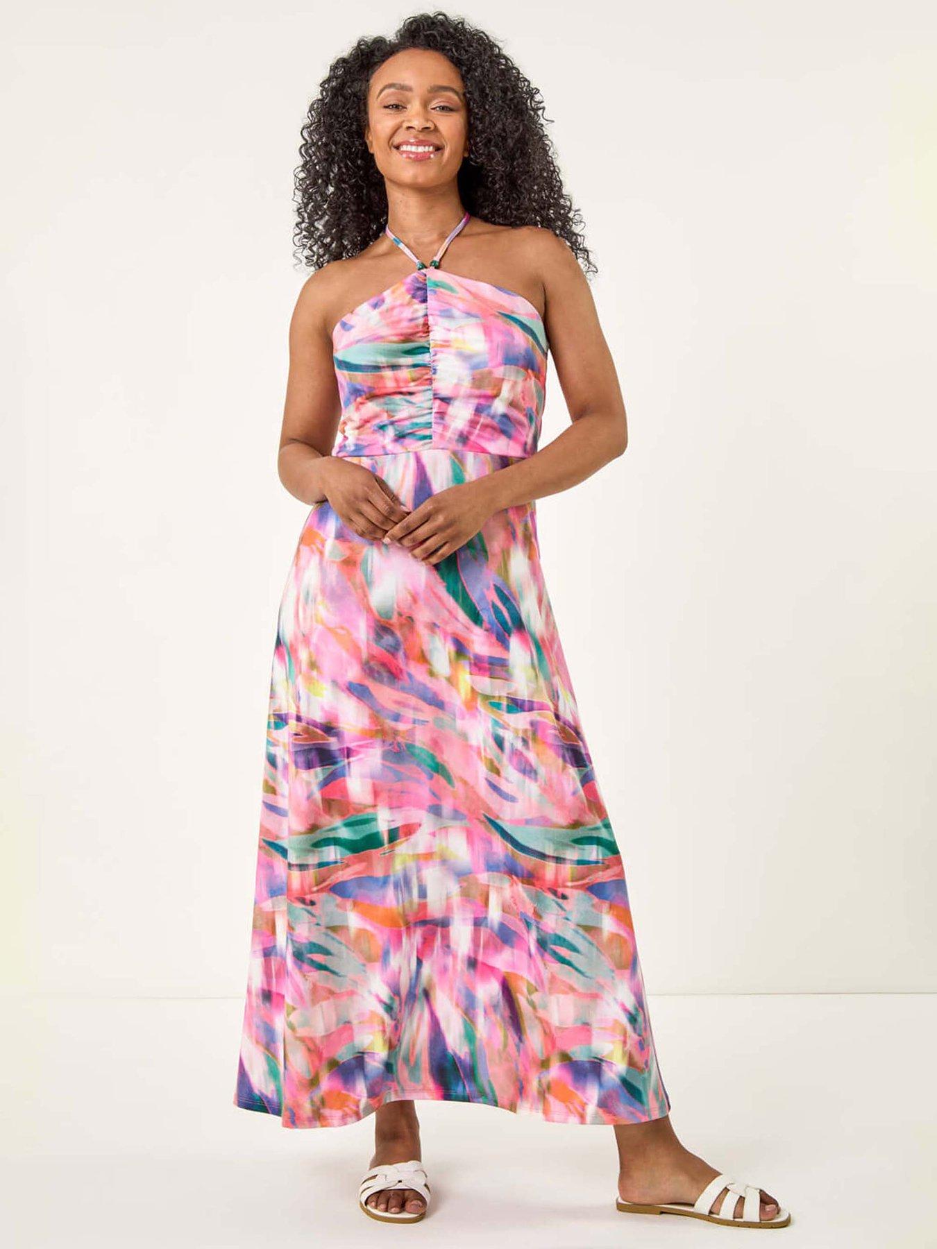 Roman Petite Abstract Gathered Halter Midi Dress - Pink | Very