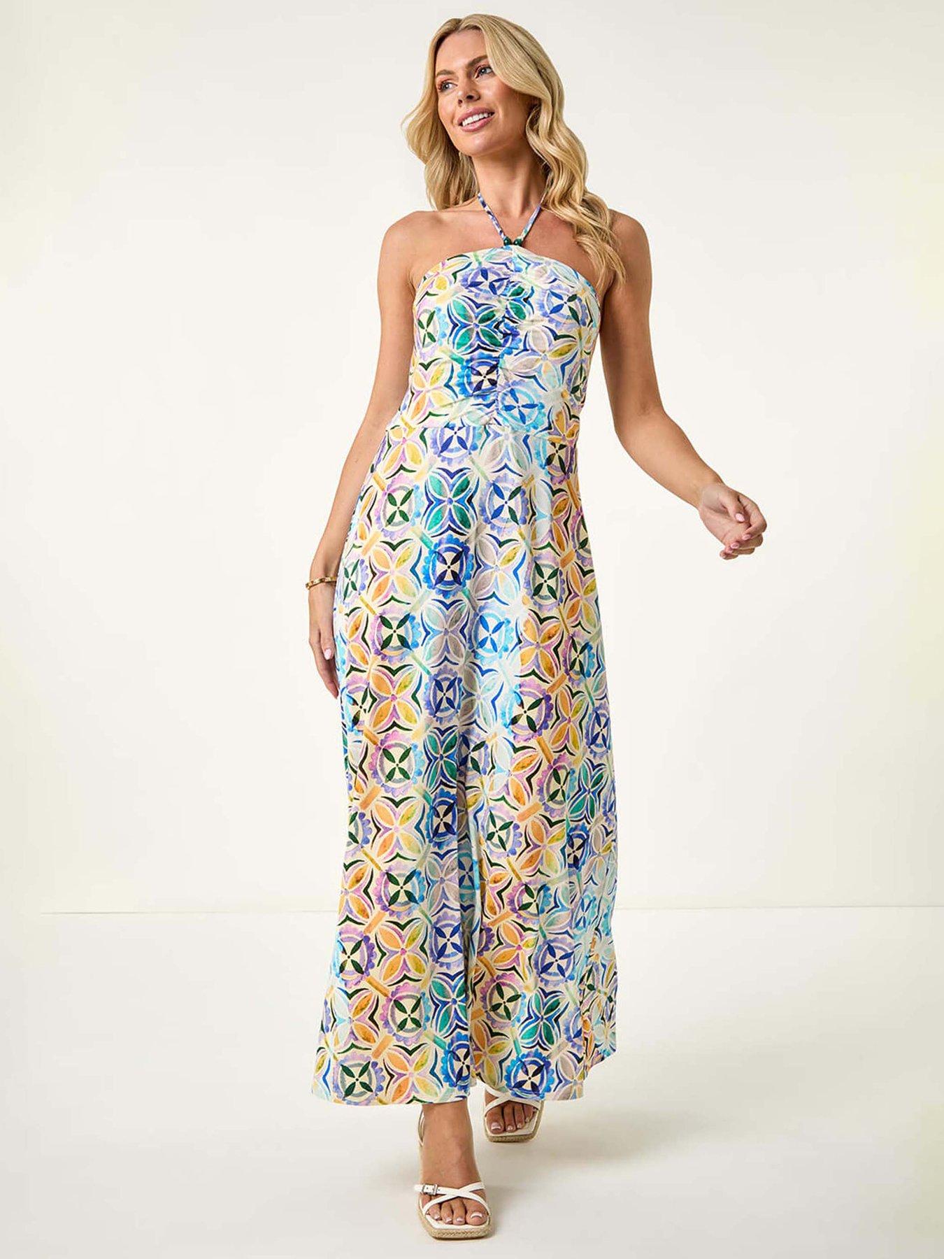 undefined Petite Abstract Gathered Halter Midi Dress - Blue