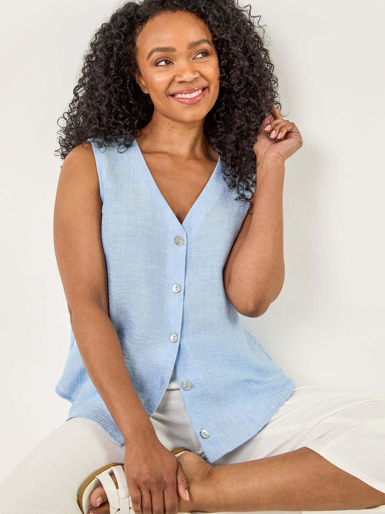 Roman Petite Buttoned Sleeveless Blouse - Blue