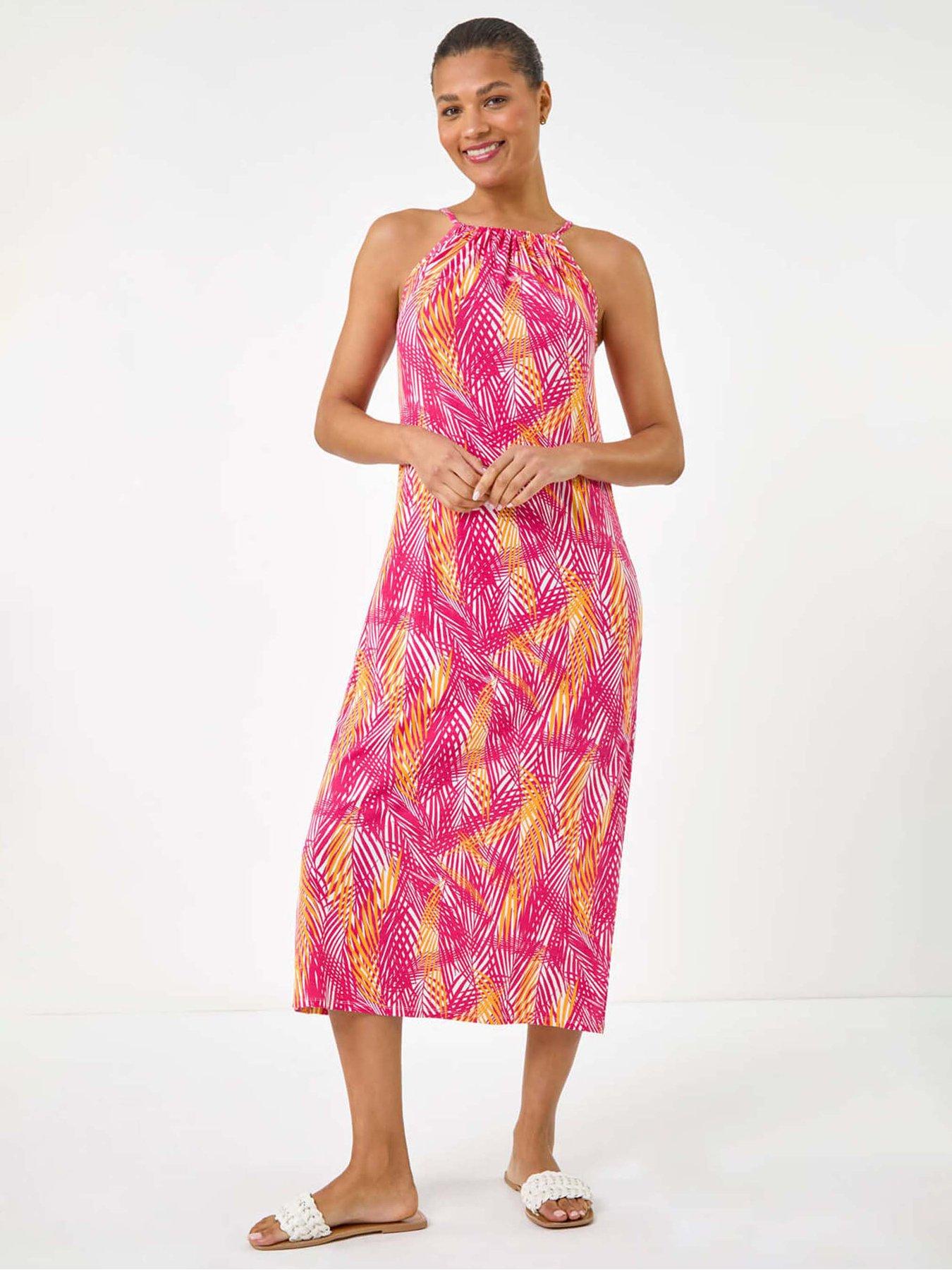 undefined Gathered Palm Print Swing Stretch Dress - Pink