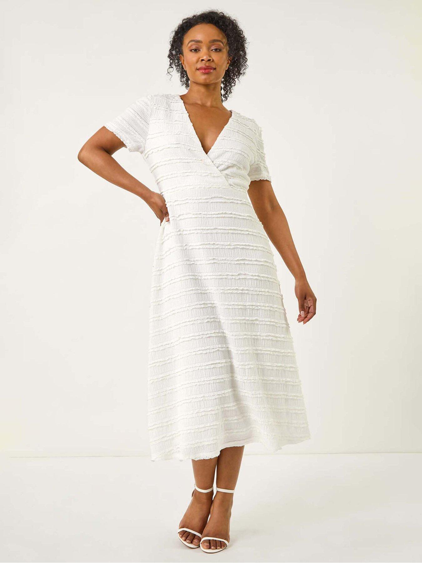 Image 1 of 5 of Roman Petite Ruffle Midi Wrap Dress - White