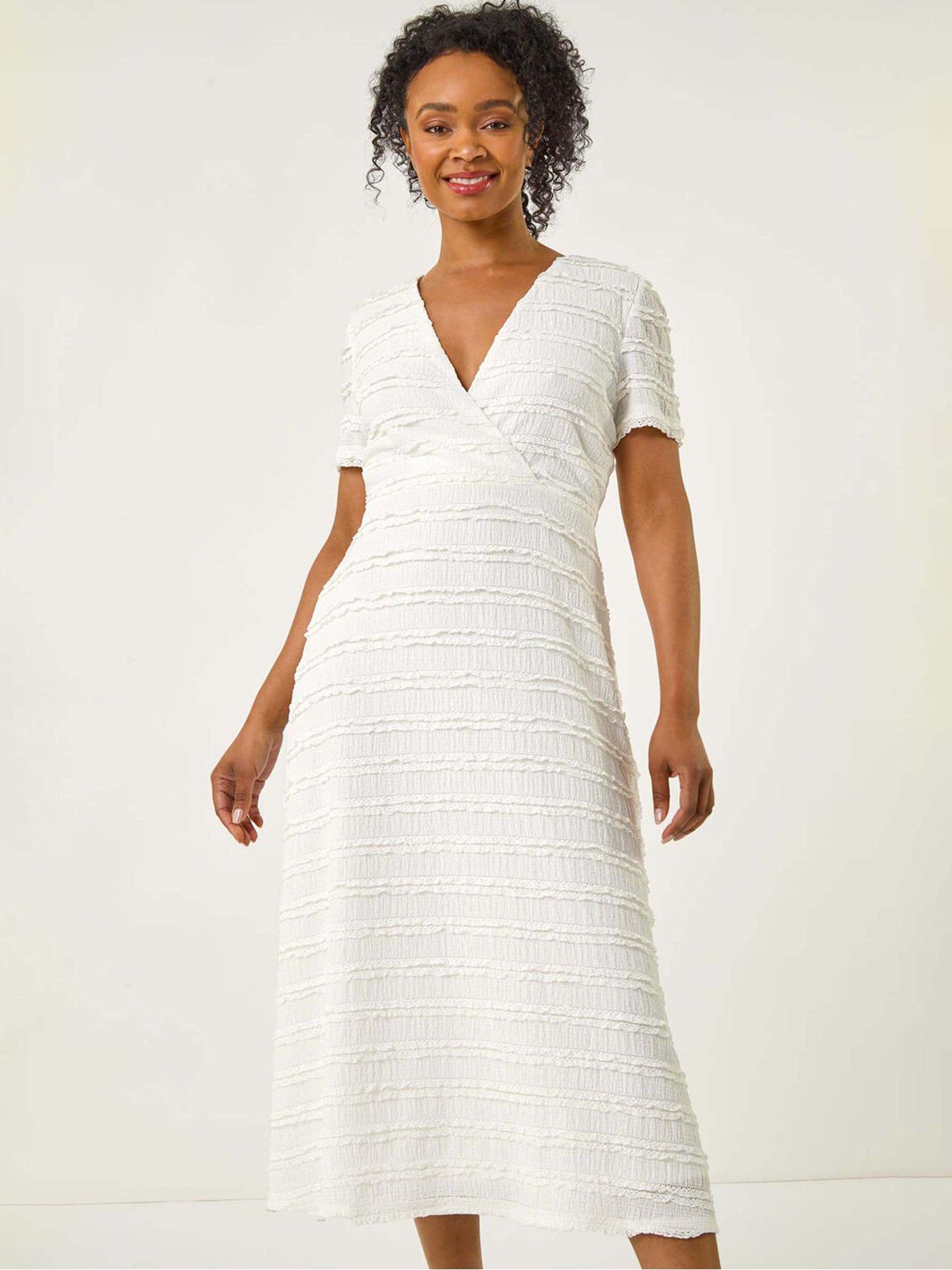 Image 3 of 5 of Roman Petite Ruffle Midi Wrap Dress - White