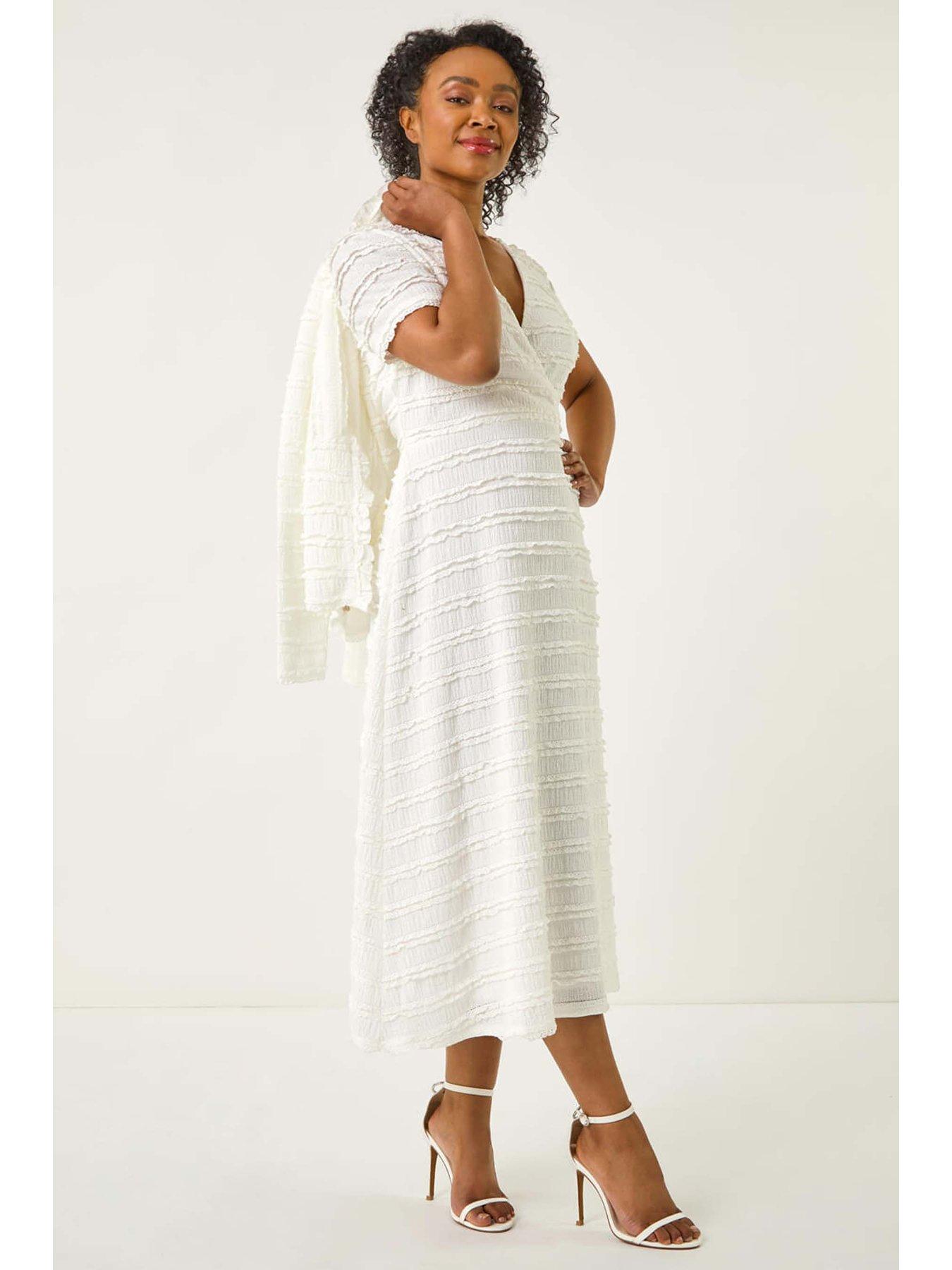 Image 4 of 5 of Roman Petite Ruffle Midi Wrap Dress - White