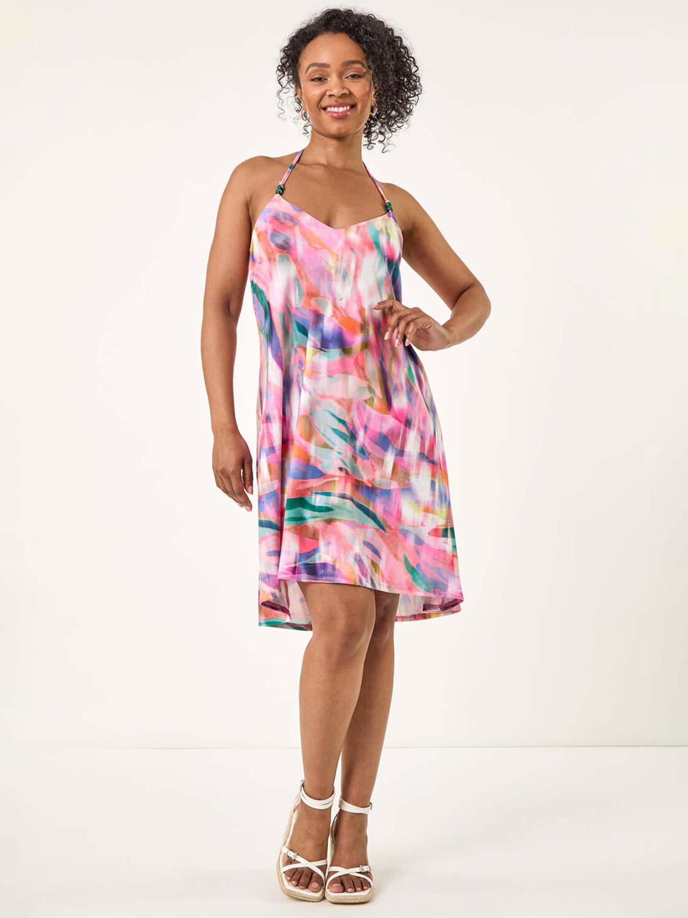 undefined Petite Abstract Halter Neck Stretch Dress - Pink