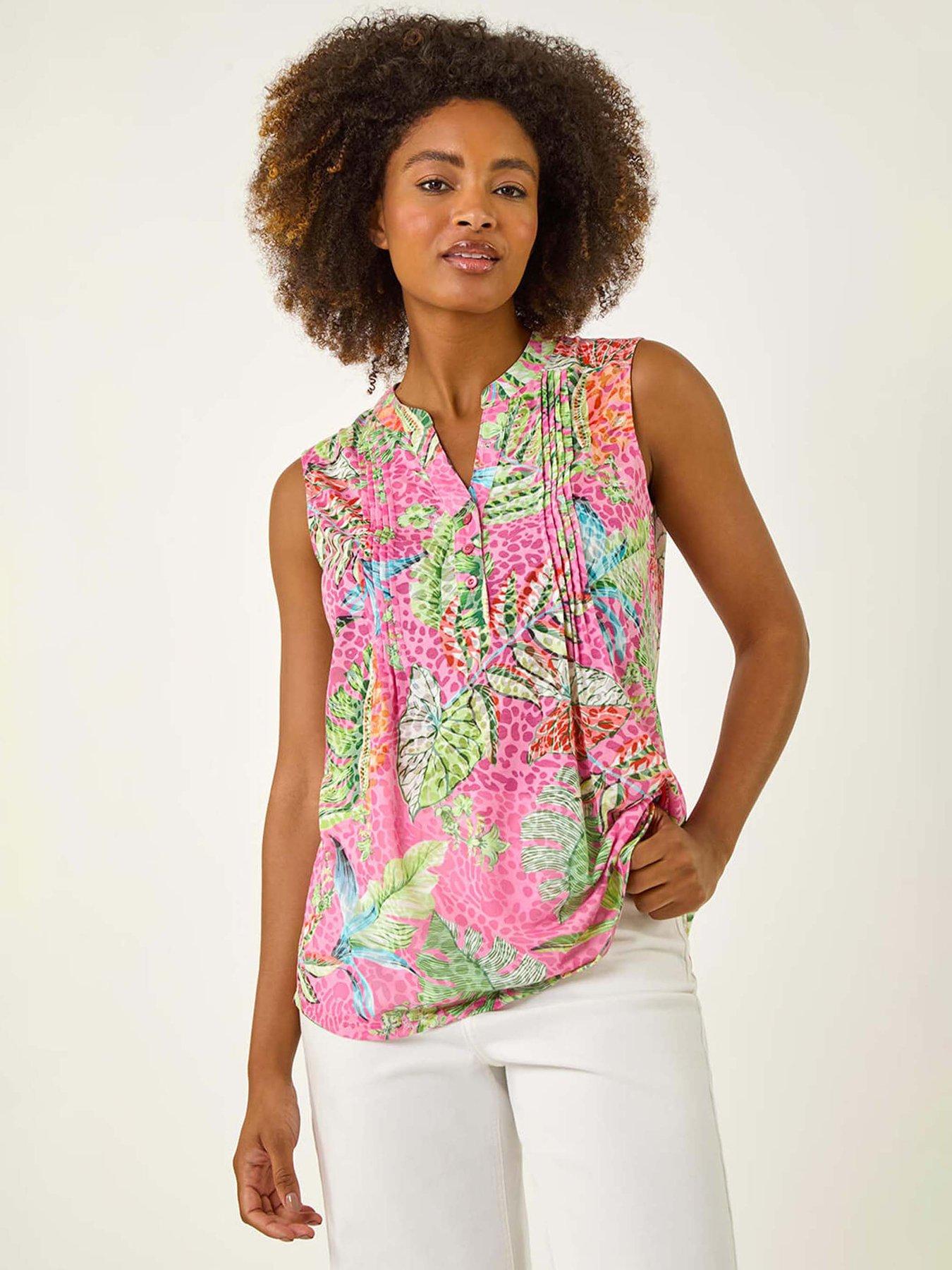 undefined Tropical Leaf Print Pintuck Top - Rose