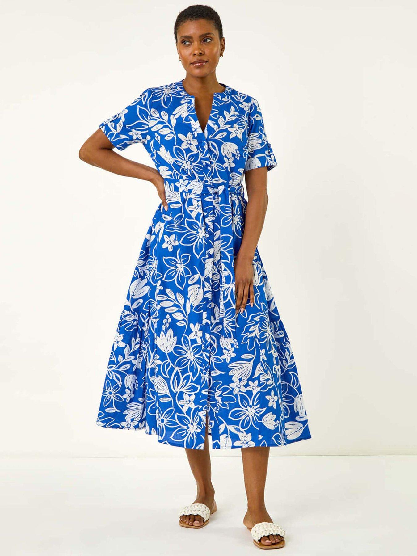 undefined Floral Print Tie Waist Midi Dress - Royal Blue