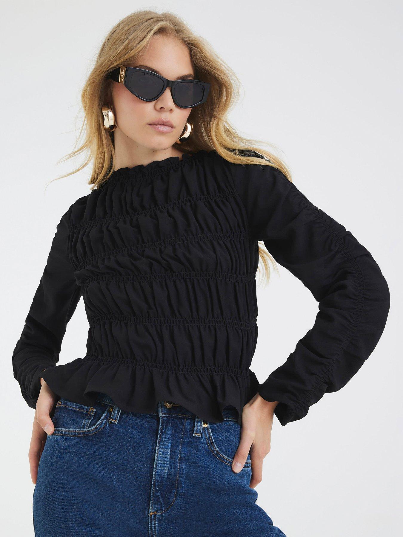 River Island All Over Shirred Top - Black