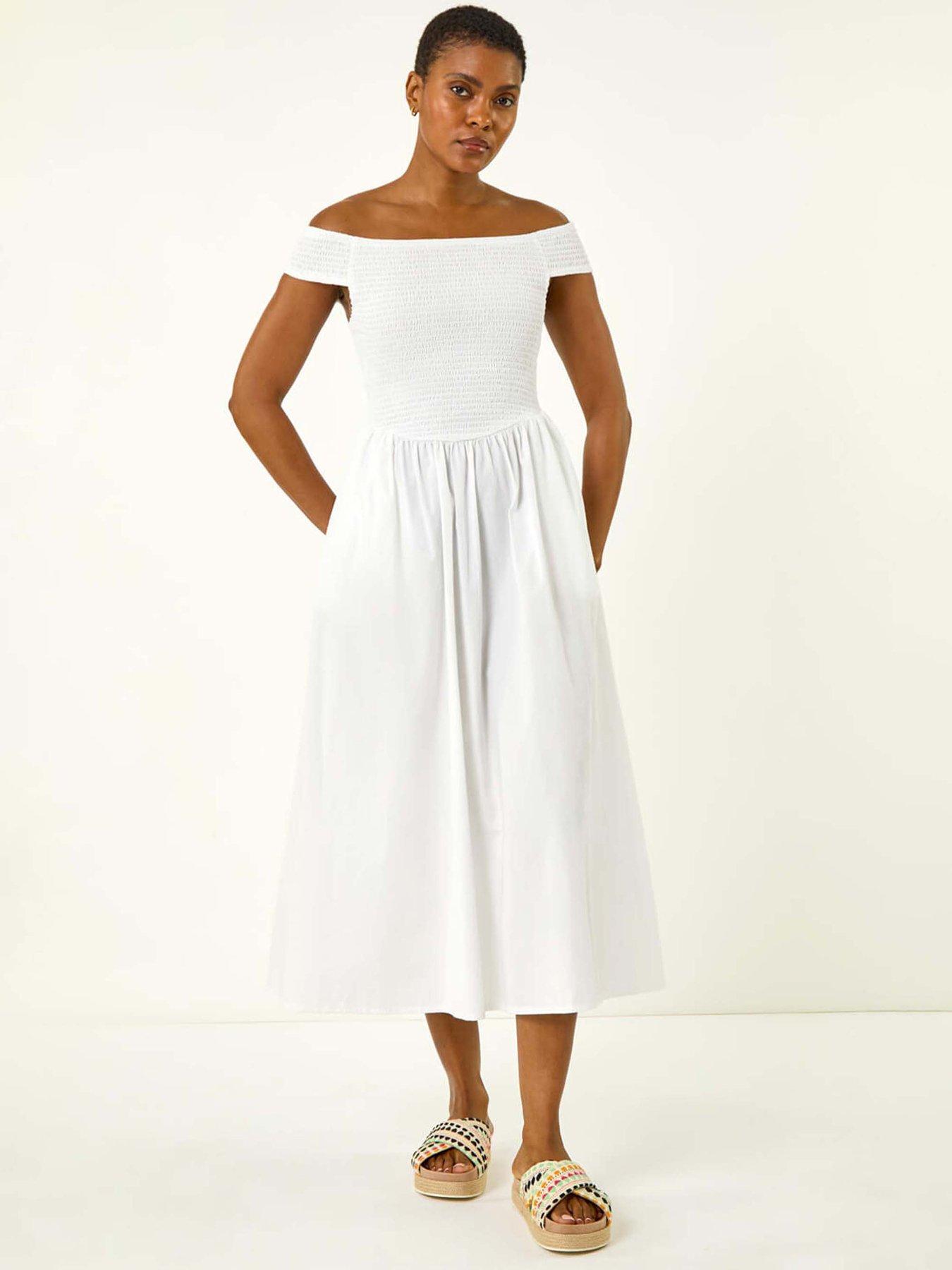 undefined Shirred Cotton Midi Dress - White